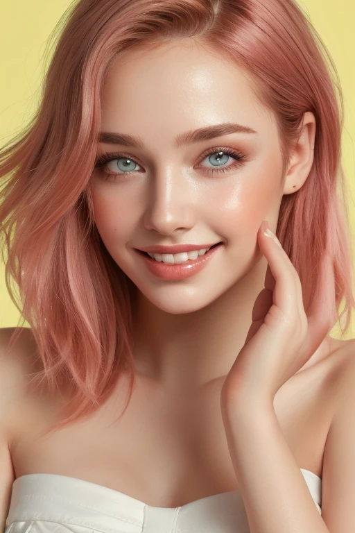 ((masterpiece)), (( best quality )), ( portrait of a beautiful girl), (Aino Nami 10 ) 29 years old、 clothes to shrug shoulders 、 1 girl、((masterpiece、 best quality ; 1.3))、 Super high quality、 beautiful details、 more details、Superb、 perfectly detailed eyes, 完璧に詳細な顔, more detailsな鼻, 開いた口, random color shorts, Perfect Teeth, bare shoulders, Charming, perfect face, dimples on cheeks , written depth, high resolution, (( Realistic Skin Texture )), ( balanced hands ), thin lips, random color hair, floating multicolored hair , Thin Waist , bright pastel background