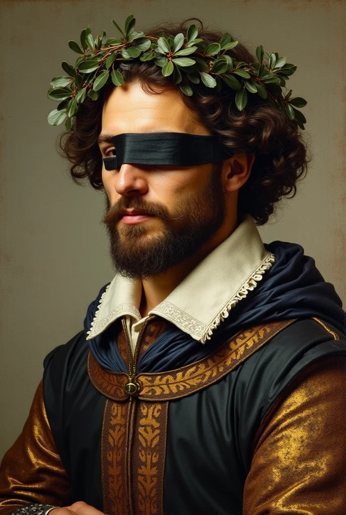 best quality,masterpiece,Ultra high detail,A handsome muscular man,Short black hair,topless,(Flowers on the shoulder), With flowers in his black micro thong, flowers covered around his head, eyes are closed, covered, eyes are blindfolded with black cloth, realistic,Grey background,Yellow, violet and white flowers,