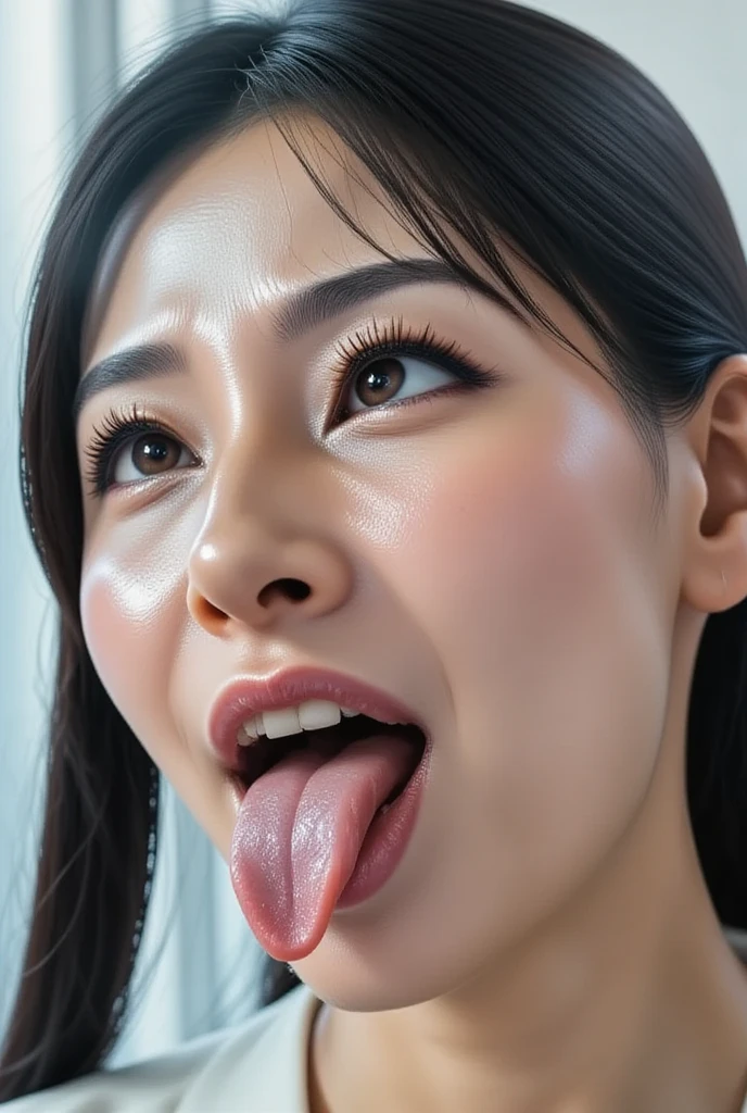 table top,,Awards - Winning Photos, very detailed, bring the eyes into sharp focus, nose and mouth,face focus, woman with open mouth and closed eyes, black camisole、35 years old,black haired、symmetrical face,realistic nostrils、angle from below、elongated C-shaped nostrils,,,,,,,,,,,,,,,,,,,,,,,,,,,,,,,,,,,,NSFW,white background、sweaty skin、Lighting that emphasizes the skin that shines with sweat、((Hook Nose))Skin shiny with sweat、shiny skin、((Wet and glowing tongue))、breathe out to the audience。