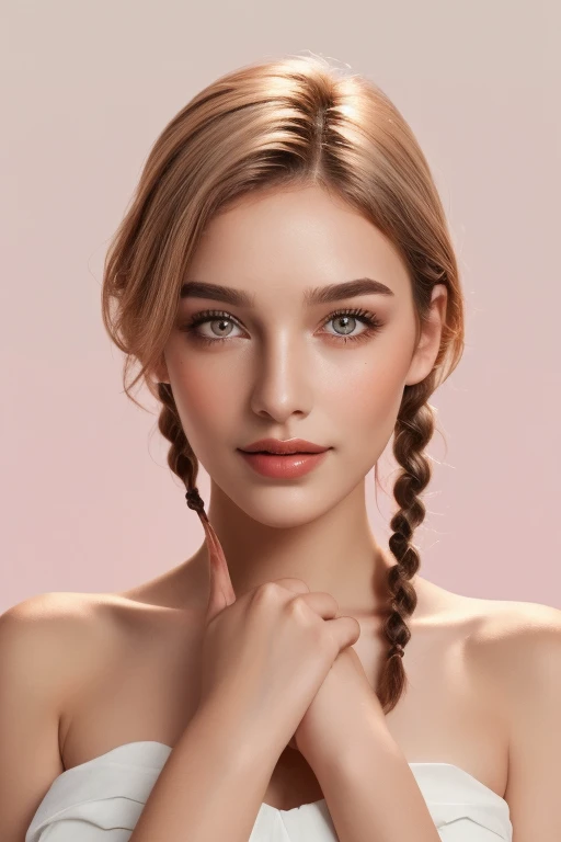 ((masterpiece)), (( best quality )), ( portrait of a beautiful girl), (Aino Nami 10 ) 29 years old、 braids、 short bob cut、 clothes to shrug shoulders 、 1 girl、((masterpiece、 best quality ; 1.3))、 Super high quality、 beautiful details、 more details、Superb、 perfectly detailed eyes, 完璧に詳細な顔, more detailsな鼻, 開いた口, random color shorts, Perfect Teeth, bare shoulders, Charming, perfect face, dimples on cheeks , written depth, high resolution, (( Realistic Skin Texture )), ( balanced hands ), thin lips, random color hair, floating multicolored hair , Thin Waist , bright pastel background