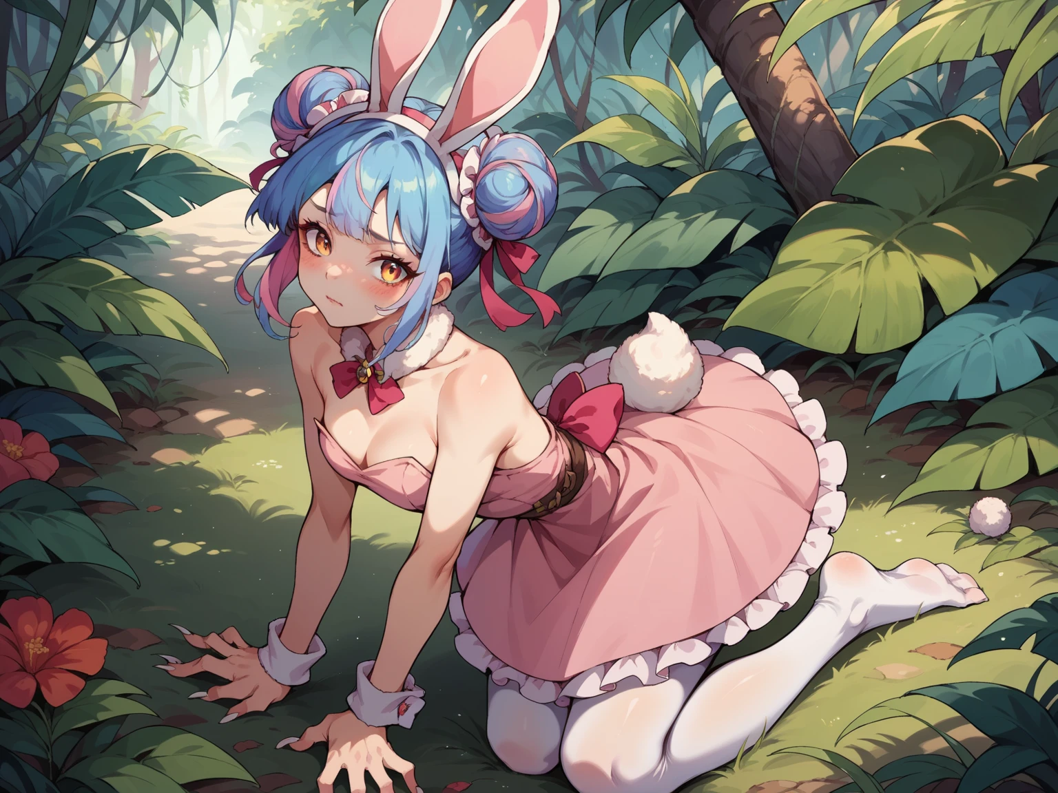  Highest quality, 1 Girl, score_9_superior, Shiny body, Smooth body , Perfect body, Sweaty, anime_sauce ,anime_style , Mid-chest , blue eyes , Black hair braids , On the Farm  , Sexy pig costume , Pig Mask , pink fluffy costume , Pig Animal Costume , pink pig ears, pink bra, pink panties, pink, gloves, pink legwear