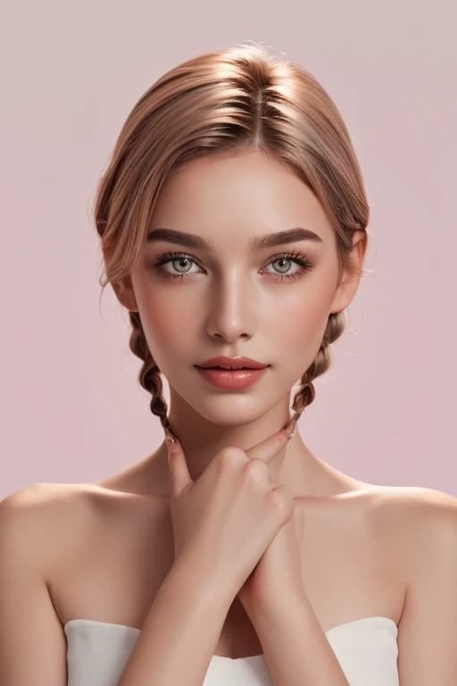 ((masterpiece)), (( best quality )), ( portrait of a beautiful girl), (Aino Nami 10 ) 29 years old、 braids、 short bob cut、 clothes to shrug shoulders 、 1 girl、((masterpiece、 best quality ; 1.3))、 Super high quality、 beautiful details、 more details、Superb、 perfectly detailed eyes, 完璧に詳細な顔, more detailsな鼻, 開いた口, random color shorts, Perfect Teeth, bare shoulders, Charming, perfect face, dimples on cheeks , written depth, high resolution, (( Realistic Skin Texture )), ( balanced hands ), thin lips, random color hair, floating multicolored hair , Thin Waist , bright pastel background