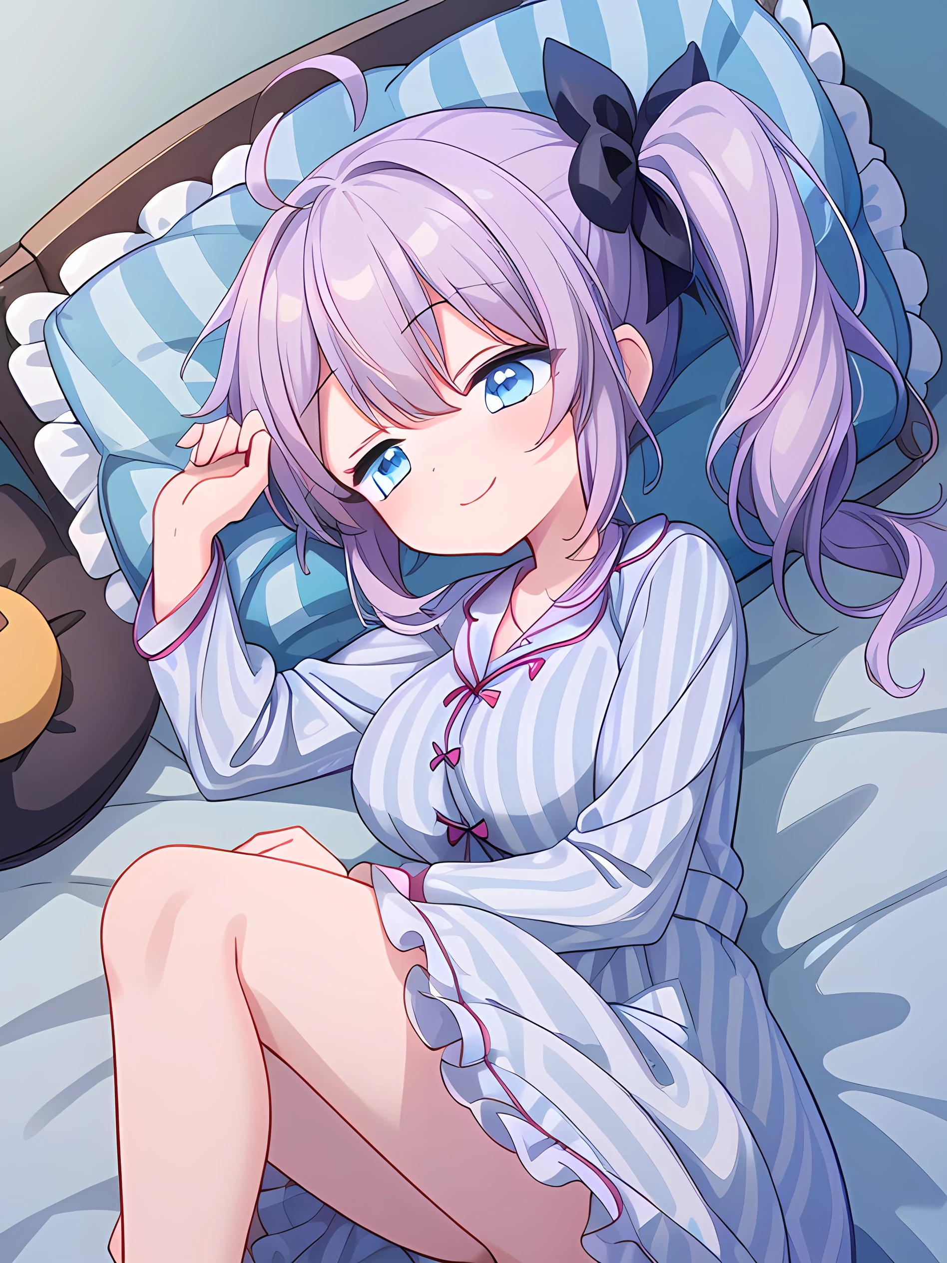 (masterpiece, best quality, detailed), 1girl, solo, looking at viewer, aaranko, long hair, twintails, twin drills, hair bow, medium breasts, pajamas, polka dot, indoors, bedroom, pillow, holding pillow, pillow hug, window, night sky, stuffed toy, messy room, curtains, closed mouth, blush, sweatdrop