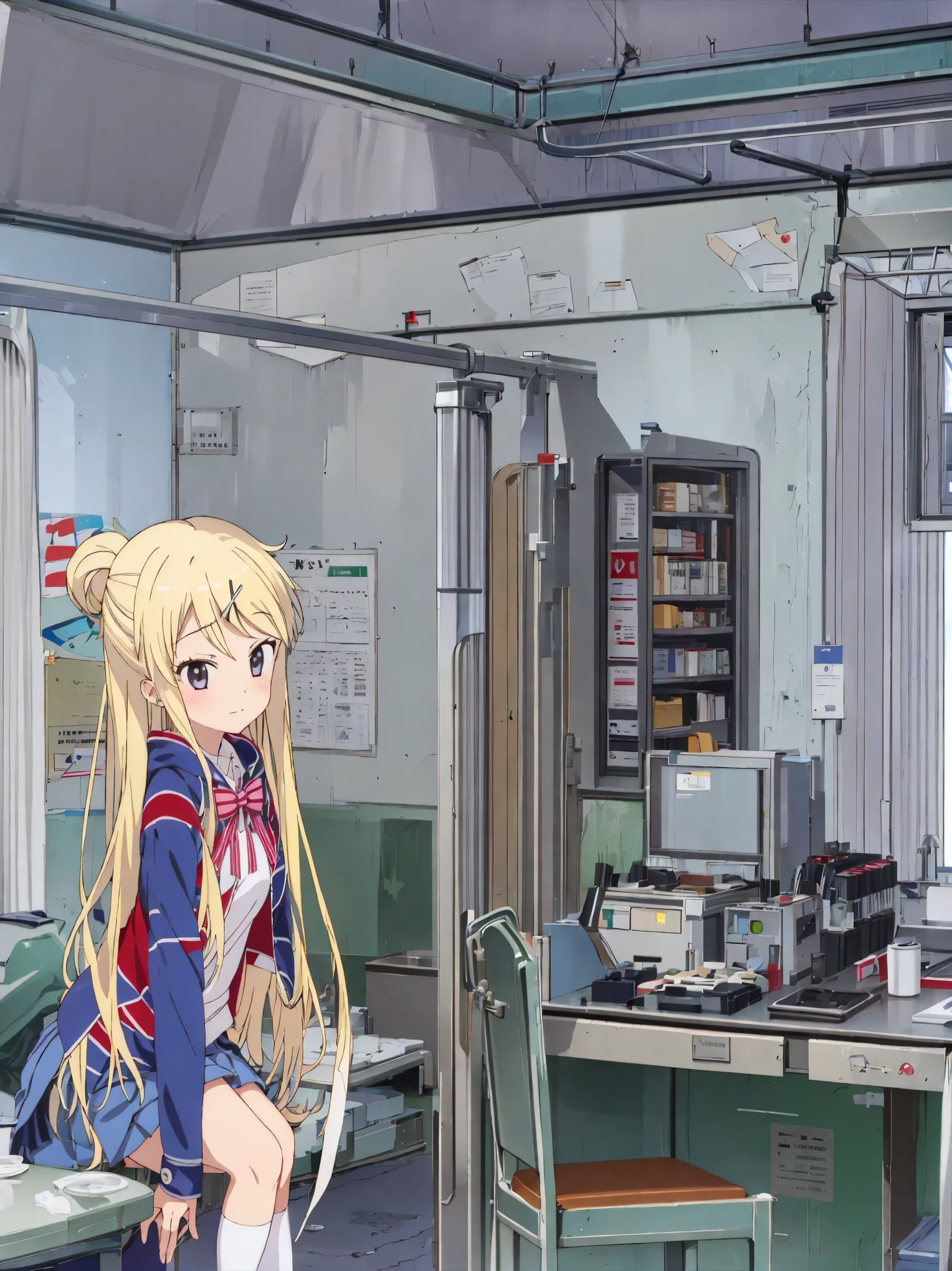 1 girl in the infirmary who is unwell high school girl, Alone,kujo karen union jack jacket, striped bow, white shirt, long sleeves, pleated skirt, blue skirt, kneehighs