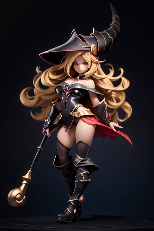 (8K,fotorrealista raw photography the highest quality;1.4) (1chica en) Super belleza (cara realista) cuerpo femenino (Rubia de rizos largos) Hold a black and red magic wand Escena de combate Magic hat with black and gold exterior Beautiful expression Deslumbramiento (Piel de aspecto real) (Giles magos oscuros) tentador super high resolution Un hiperrealista Alto detalle foto de cuerpo completo restos