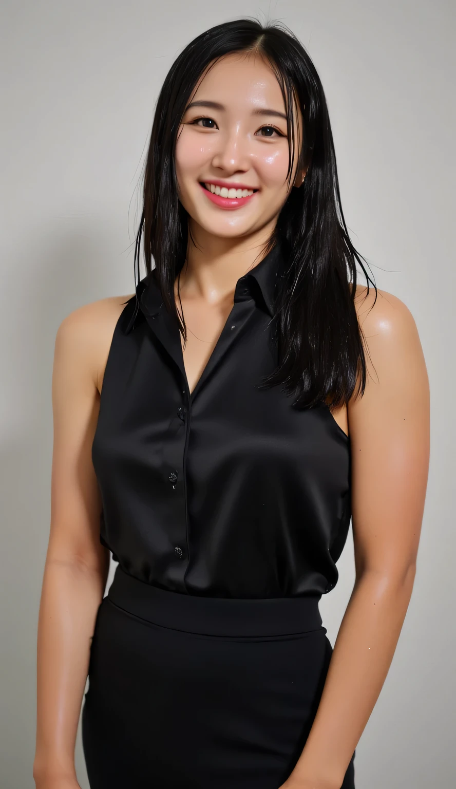 an office lady, taking a shower , Facing front, use a formal sleeveless shirt in black satin material, using mini pants, big and round boobs , wet whole body , happy laughing face , long dark hair