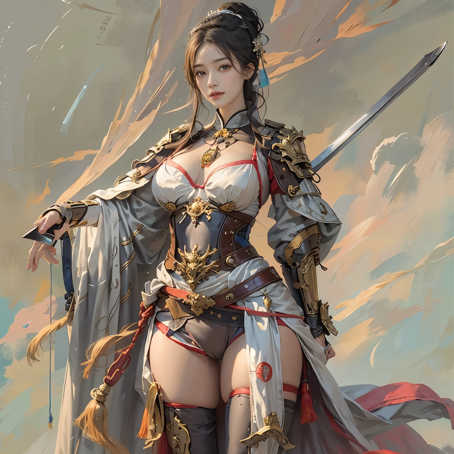 Sexy woman with long black hair，National style woman，Wearing a naked，full bodyesbian，Pose from head to toe，Big breasts and big buttocks，Big breasts and fat buttocks，Sword, swordsmen，Jianghu martial arts，Copper money armor