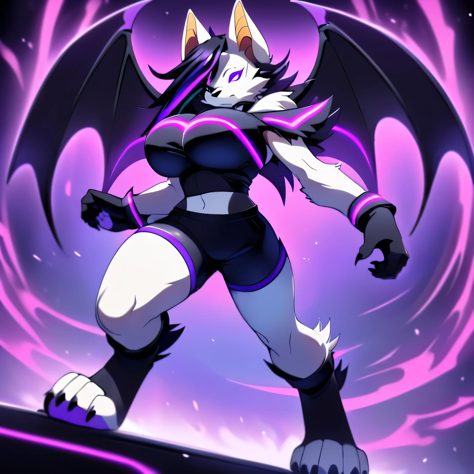 Anime, ((anime style)), ((single person:2)), ((solo drawing:2)), ((solo:2)), ((sfw version:1.5)), ((full body drawing)), ((plush build)), ((wearing a black halter top)), ((knee length black shorts:1.5)), ((dark purple neon highlights:1.5)), ((action pose)), ((female Anthro bat)), ((Tall with large round breasts:1.2)), ((buxom figure)), ((white fur)), ((white bat ears)), ((white face)), ((neutral expression)), vivid yellow eyes, ((digitigrade legs)), highly detailed anime style, clean lines, white face, short white muzzle, white furry cheeks, white furry muzzle, ((white legs)), ((short black claws)), ((adult aged)), ((huge bat wings)), ((black and purple bat wings)), ((single pair of wings)), ((white paws)), ((hind paws with 4 toes)), ((digitigrade paws)), ((Shoulder length black hair with neon purple highlights))