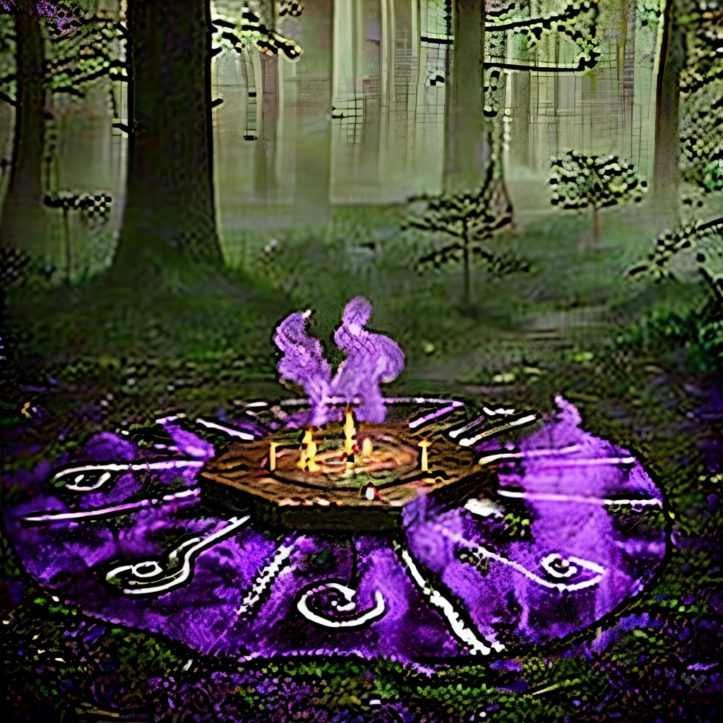 magical tribal summoning circle on the ground, purple-green fog around