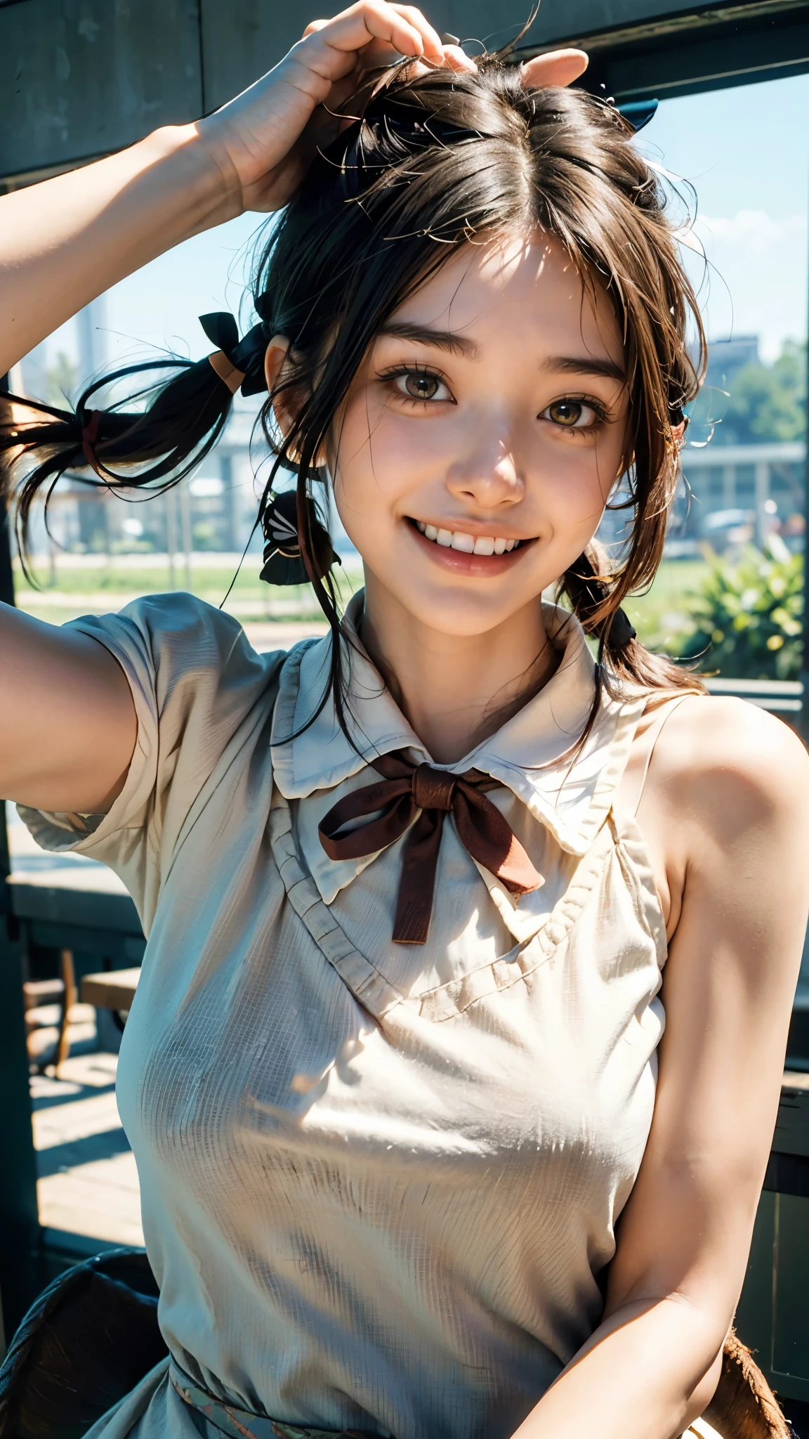 highest quality, masterpiece, Ultra-high resolution,8k, (Realistic:1.6), (Facing portraits) RAW Photos, 1 girl,(I'm showing my teeth and smiling)), 22 years old,((Beautiful feet)),((Miniskirt Uniform)),((Thin colored ribbon braided hair)),((From above:1.4)),Face Focus:1.4,((Simple solid color background)), Image Media Chest)),((Smiling with teeth showing)),