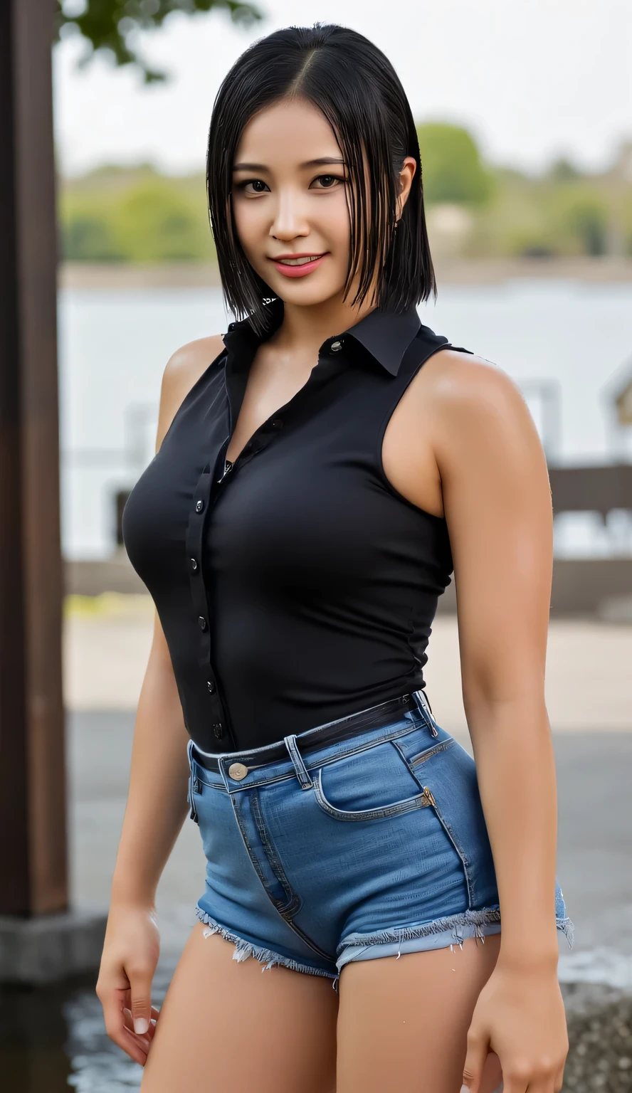 an office lady, taking a shower , Facing front, use a formal sleeveless shirt in black satin material, using denim mini pants , big and round boobs , wet whole body , happy laughing face , long dark hair