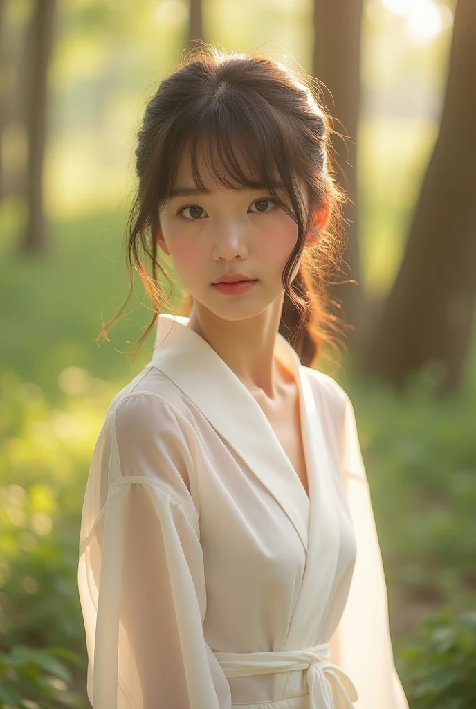 photorealiste,Ultra haute définition,haute qualité,meilleure qualité,8K,Photos RAW,Super détaillé,Ultra-haute résolution,(Incroyablement mignonne vraie fille japonaise),corps entier,1 personne,Faire face,Tôt le matin dans la forêt,La lumière du soleil brille intensément,Rétroéclairage,Robe blanche simple,transparenteフレアマイクロミニドレス,La transparence d'une robe fine,transparente,style parfait,proportions parfaites, ,Le visage le plus mignon du monde,(petit visage),longs cils,double eyelid,nez haut,yeux détaillés,cheveux très courts,coupe au bol,boucles d'oreilles,(((Coffre extra large:2.0))),clivage,petite taille,jambes longues,de belles jambes,peau réaliste,debout observant le public,(fesses tournées vers le haut),Voir ici,Fonctionnel,arms up