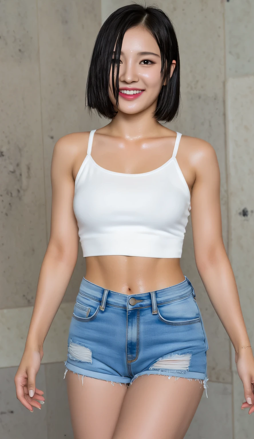 an office lady, taking a shower , Facing front, use a formal sleeveless shirt in satin material of white color , using denim mini pants , big and round boobs , wet whole body , happy laughing face