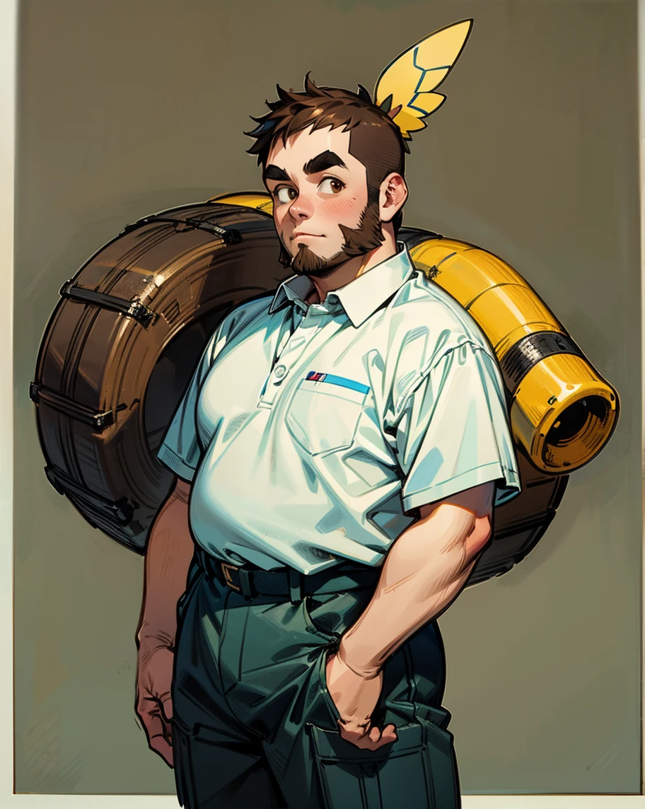 man, a bit fat, holding a jar, wearing adventurous clothes