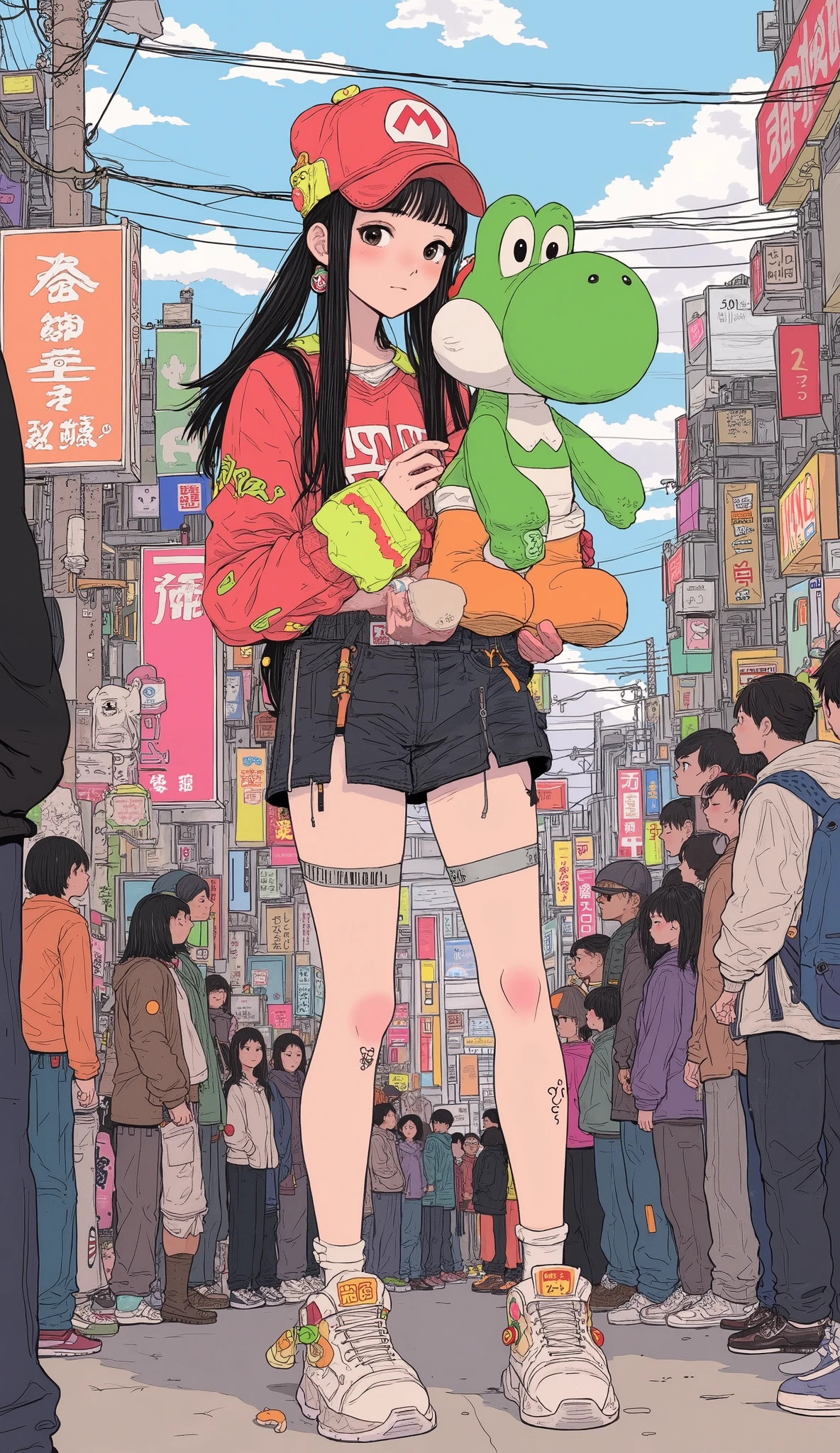 1 girl\( long twin tail black hair , black eyes , street fashion , colorful red hat with an " m " \( Super Mario\), , I' m holding a giant stuffed ani m al, Yoshi, standing , Static Pose, viewers\), se m i-realistic , the m e park, Crowded, colorful, Japanese Anime Style、