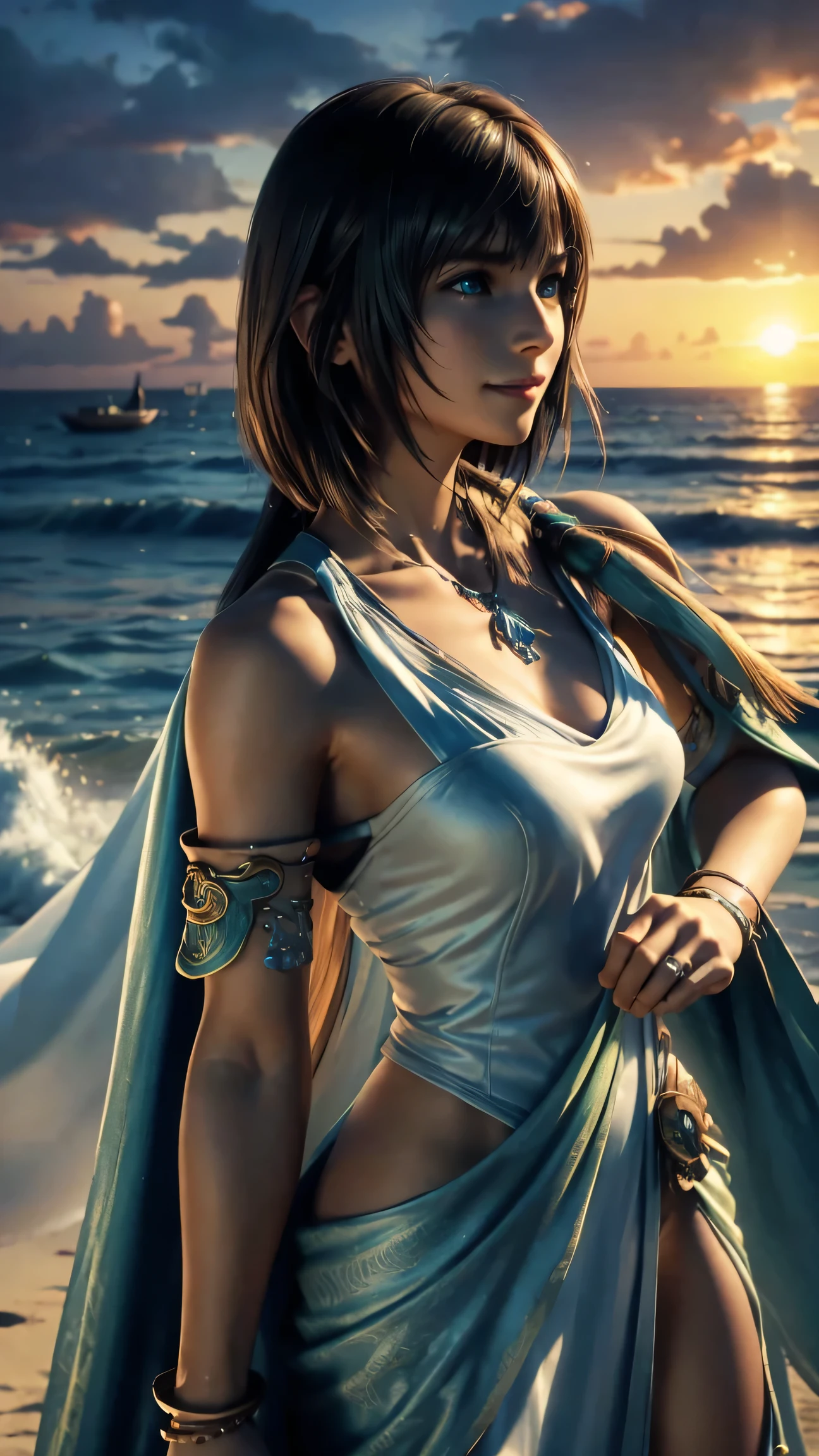 The best one,Yuna,Final Fantasy 10,FF10,Medium Hair,Brown hair,Let your bangs down,Beautiful green and blue odd eyes,,Beautiful and tall nose,photorealistic,Ultra HD,high quality,masterpiece,Digital SLR,Detailed details,Intricate details,Anatomical basis,Depicted in detail,A detailed face,Realistic skin texture,Vivid details,Perfect Anatomy,Perfect Anatomy,Anatomically correct hand,Anatomically correct fingers,Super Detail,Complex 3D rendering,Huge ,Sexy pose,The beautiful world of Final Fantasy 10,White long dress,Beautiful sunset,Beautiful beach at sunset,Fantastic beaches,Fantasy worldview,Picturesque,Pink Lips,smile,