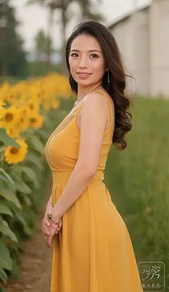 ((masterpiece)), 32K, masterpiece, highest quality, 1 girl, alone, (Nationality: British:1.3), Realistic, garden, Realistic, Very detailed, Detailed Background, (alone: 1.4), Happy expression, Slender body, Realistic Highly detailed long hair, Intricate details, masterpiece, highest quality, West Shot, (Flowering garden background)), smile, ((Looking at the camera)), Earrings, Long straight black hair, Asymmetrical bangs, Natural Breasts ,