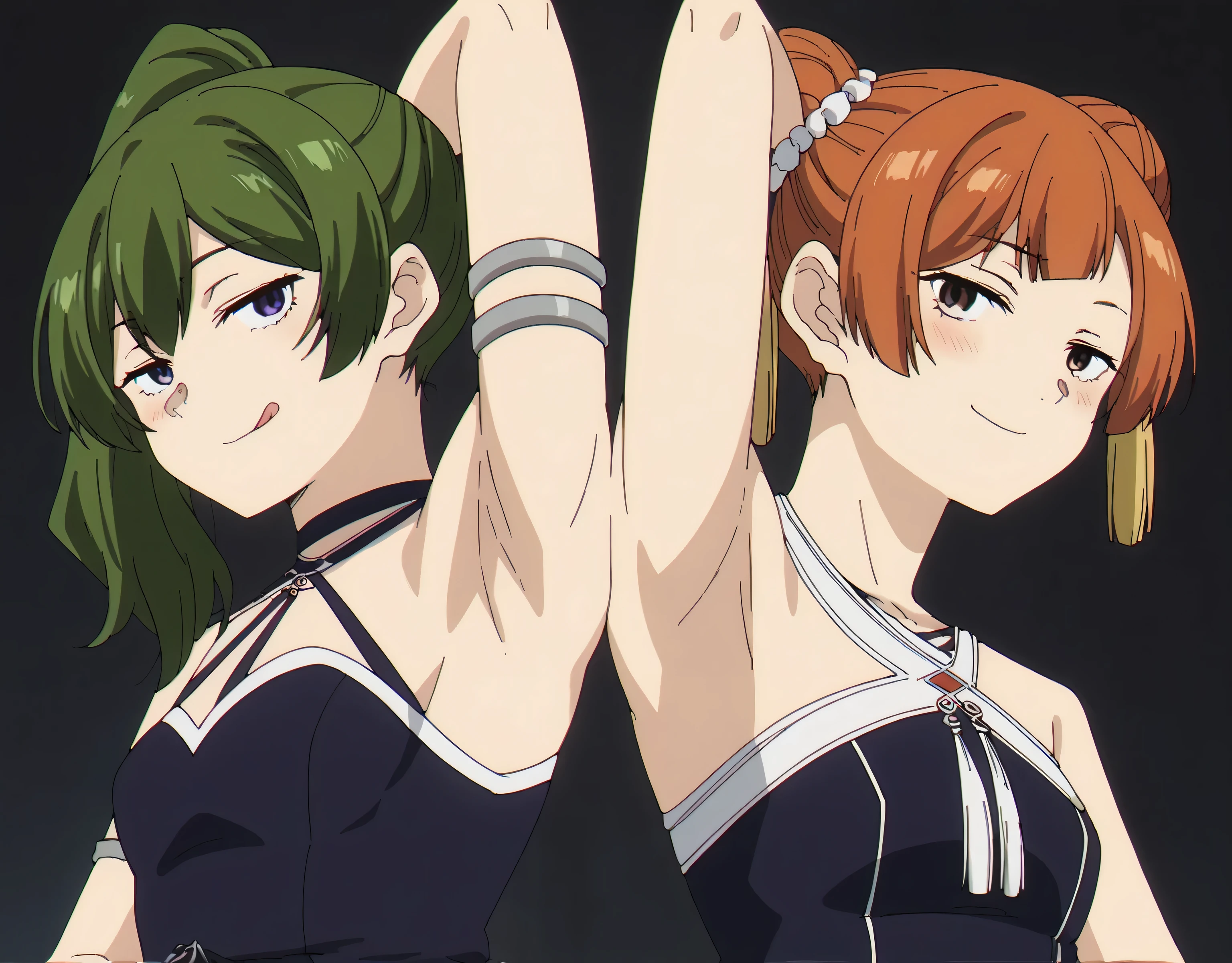 score_9, score_8_up, score_7_up, source_anime, anime screencap, 2girls, BREAK, UbelSSnF, green hair, side ponytail, purple eyes, black dress, halterneck, sleeveless, short dress, armlet, arm strap, badhandv4, arm behind head, armpit, black background, closed mouth, looking at viewer, smile, smug, licking lips, BREAK, LaufenSSnF, orange hair, short hair, hair bun, brown eyes, tassel, china dress, purple dress, sleeveless, halterneck, badhandv4, arm behind head, armpit, black background, closed mouth, looking at viewer, smile, blush, half-closed eyes