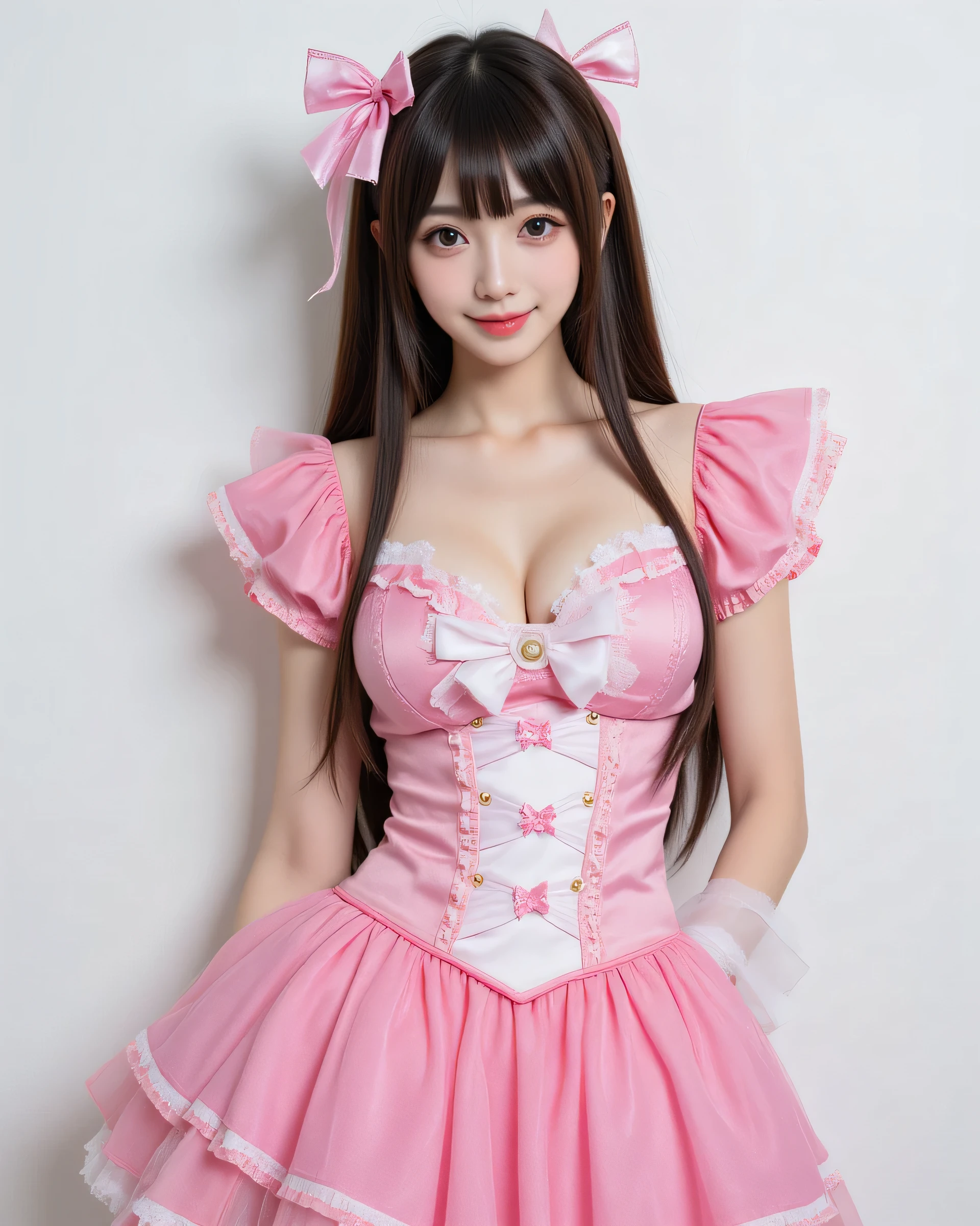 (Super very beautiful real Japanese super busty anime cosplay girl), (Super Best masterpiece , Raw Photorealistic), (16k, best image quality, super high definition), (Super very beautiful real Japanese super busty girl), so perfect beautiful female style , Model standing, Very accurate full body depiction , Anime Puella Magical Girl Cosplay, very cute smiles, Falling in Love , Very perfect photo writing, advanced lighting technology , Best shutter scene , I can clearly see my very large cleavage, Very detailed and accurate1Point perspective drawing, White wall background