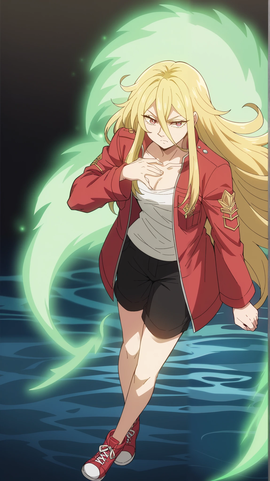score_9, score_8_up, score_7_up, score_6_up, score_5_up, blonde facing the viewer , 1 girl, long-haired blonde, fragile, slim, light golden long hair to the waist , bangs on the forehead, hair between eyes , raspberry eyes , dark pink eyes , Warm jacket, warm shorts , warm tights , crimson sneakers , pressed her hands to her chest , light in the hands , full length style, the girl has a green aura, green glow , huge sea wave , Tsunami, wave crest , huge wave , 🌊🌊🌊gloomy, darkness, black background
Masterpiece , high resolution, Accuracy, Best quality, Ultra high definition , bottom view, Shine, lines of motion , Lens glare, The back light , chiaroscuro, ray tracing, Divine rays ,