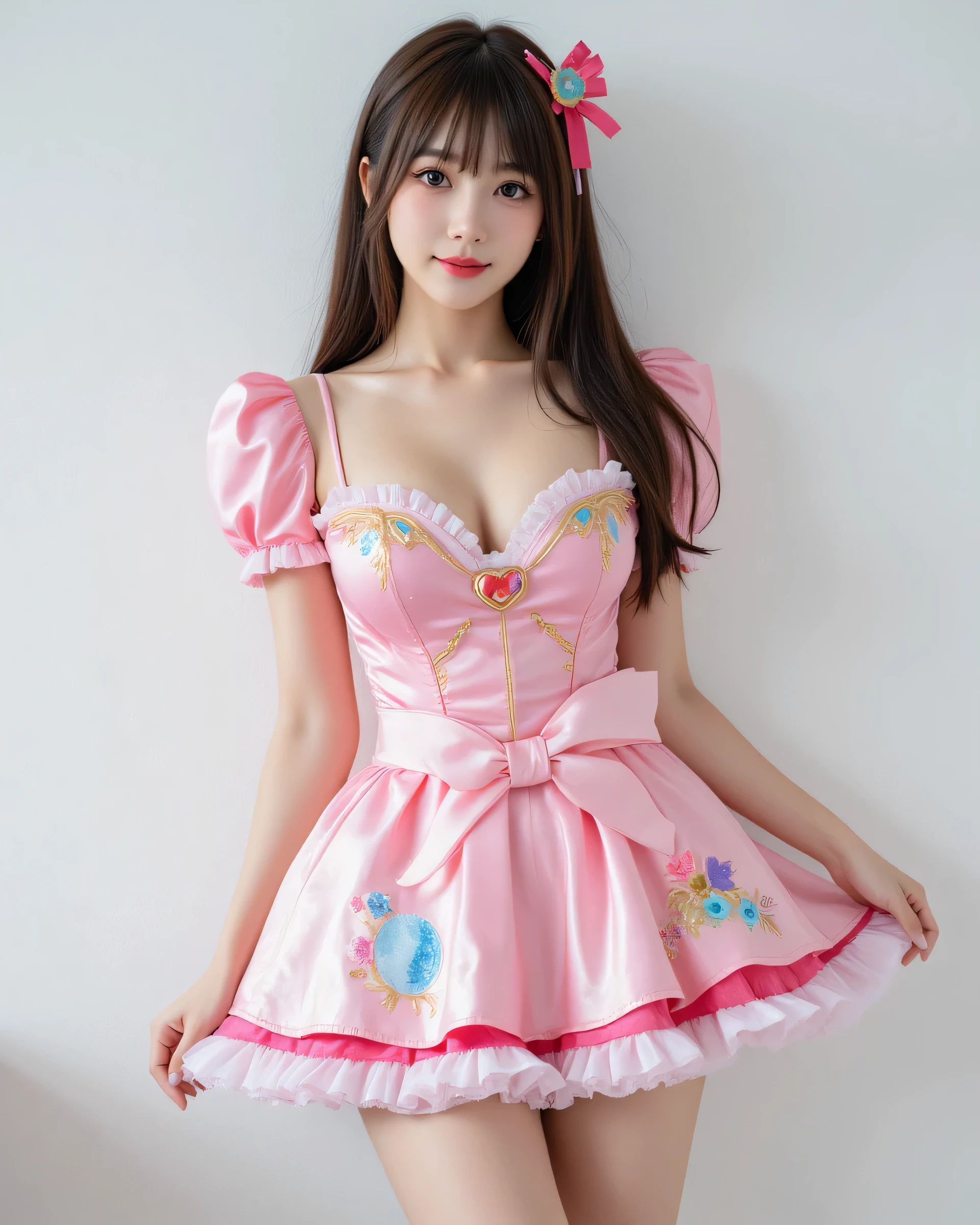 (Super very beautiful real Japanese super busty anime cosplay girl), (Super Best masterpiece , Raw Photorealistic), (16k,  best image quality,  super high definition), (Super very beautiful real Japanese super busty girl), so perfect beautiful female style , Model standing, Very accurate full body depiction ,  Anime Puella Magical Girl Cosplay,  very cute smiles, Falling in Love , Very perfect photo writing,  advanced lighting technology , Best shutter scene , I can clearly see my very large cleavage, Very detailed and accurate１Point perspective drawing, White wall background