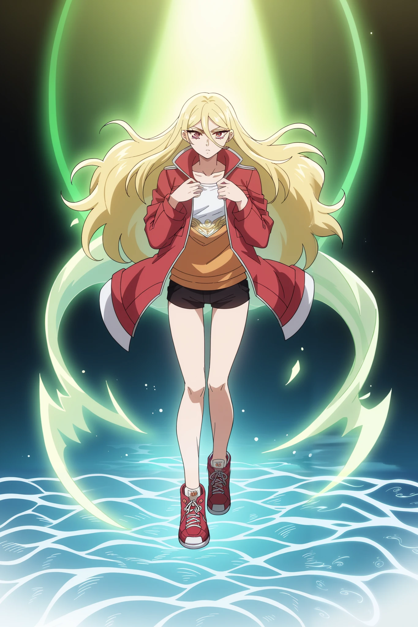 score_9, score_8_up, score_7_up, score_6_up, score_5_up, blonde facing the viewer , 1 girl, long-haired blonde, fragile, slim, light golden long hair to the waist , bangs on the forehead, hair between eyes , raspberry eyes , dark pink eyes , Warm jacket, warm shorts , warm tights , crimson sneakers , pressed her hands to her chest , light in the hands , full length style, the girl has a green aura, green glow , huge sea wave , Tsunami, wave crest , huge wave , 🌊🌊🌊gloomy, darkness, black background
Masterpiece , high resolution, Accuracy, Best quality, Ultra high definition , bottom view, Shine, lines of motion , Lens glare, The back light , chiaroscuro, ray tracing, Divine rays ,