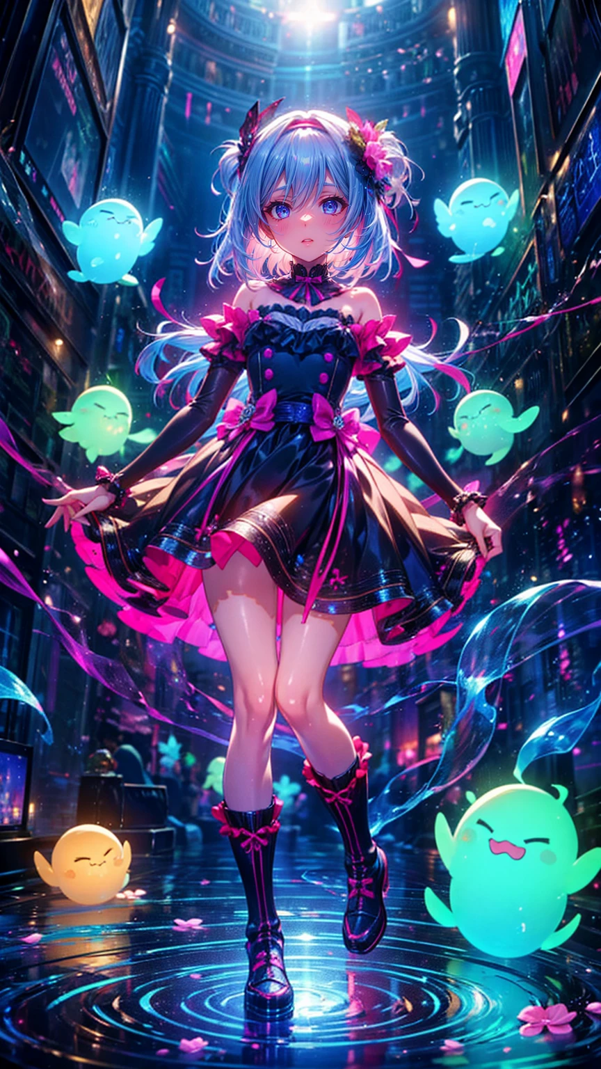 up-and-coming works of art, best quality, super fine, 16k, incredibly absurdres, extremely detailed, beautiful ephemeral girl stands in the city, (((semi-rimless yellow eyewear:1.3))), (headphone around neck:1.2), bedroom eyes, sparkling short hair, messy hair, bare arms, bare legs, sparkling dress, sparkling earrings, wind, wind-effect, moonlit night view, (magnificent view:1.2), falling iridescent petals