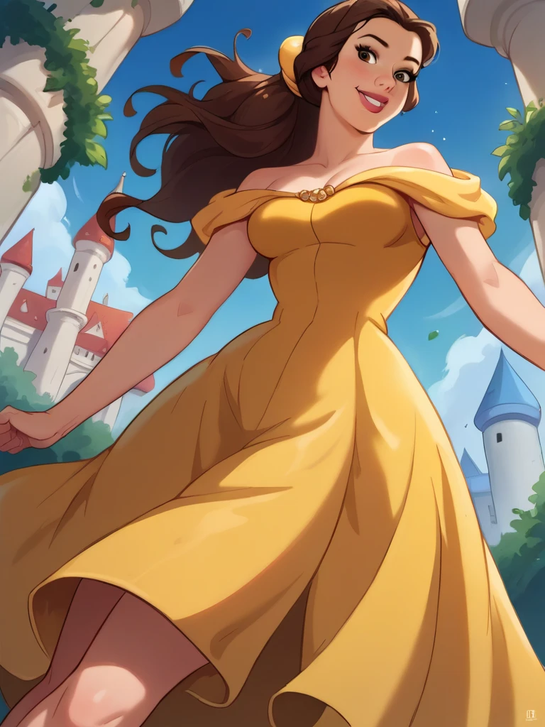 cowboy shot, Princess Belle, 1980s \(style\), 1girl, long yellow dress, long brown hair, retro artstyle, short hair, solo, white bra and panties, unbutton_shirt, (medium_breasts:1.2), medium_breasts, cleavage, full body shot, model pose, shoes visible, ass view, face view, Disney, crown, Belle Character, Princess, mini skirt, detailed face