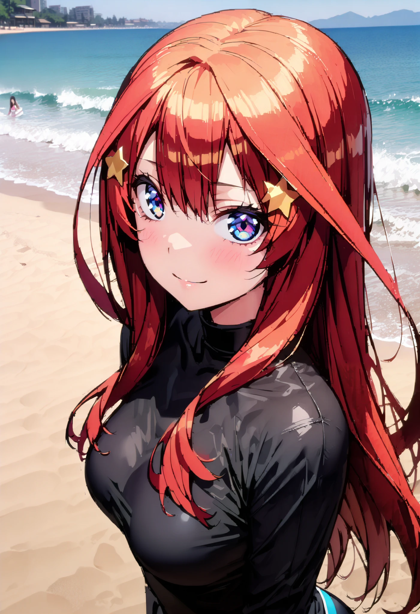   fit girl,  score_9,   score_8_  up,   score_7_  up,   score_6_  up,   uncensored, Nakano Itsuki  ,   long hair, st upid hair,blue eyes,    hair ornament, Red Hair, Glass, bangs, star (  symbol  ),smile,, mouth, big breasted , Disconnect (years ),Red bikini swimsuit,生足whole bodyがイラストに入るように, break looking at viewer,whole body, break outdoors,   Beach   , sandy beach, break (Masterpiece:1.2),  best quality   ,  kampala, Unity 8K Wallpaper ,(shape:0.8),(  ,  beautiful eyes  :1.6),It's a person  ,whole body写真, CG Details  , (perfect hand,  COMPLETE ANATOMY ),