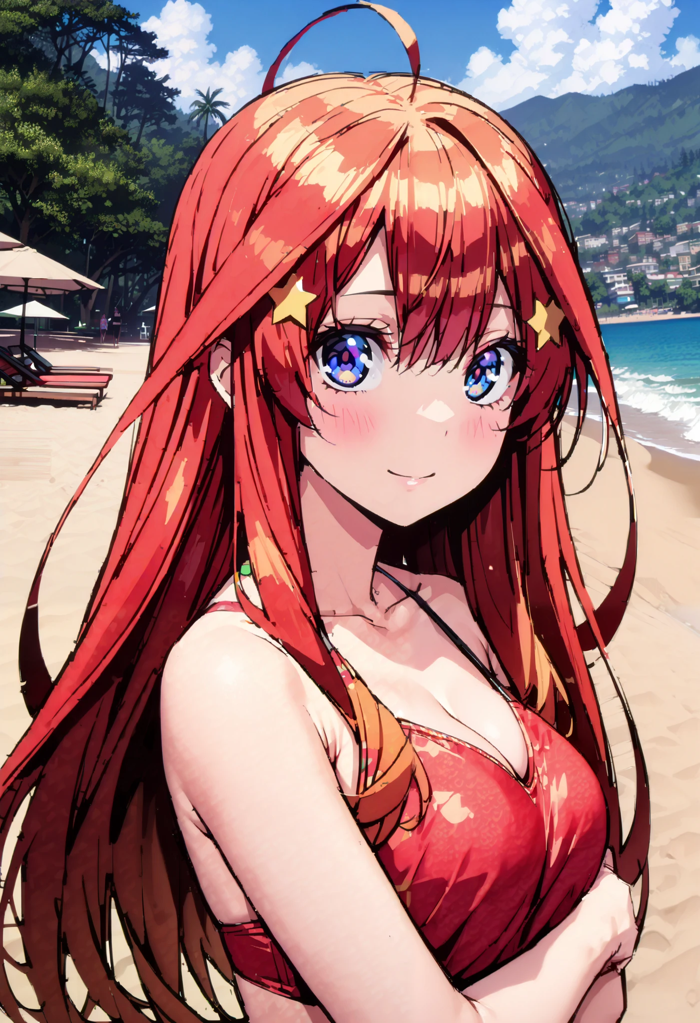   fit girl,  score_9,   score_8_  up,   score_7_  up,   score_6_  up,   uncensored, Nakano Itsuki  ,   long hair, st upid hair,blue eyes,    hair ornament, Red Hair, Glass, bangs, star (  symbol  ),smile,, mouth, big breasted , Disconnect (years ),Red bikini swimsuit,生足whole bodyがイラストに入るように, break looking at viewer,whole body, break outdoors,   Beach   , sandy beach, break (Masterpiece:1.2),  best quality   ,  kampala, Unity 8K Wallpaper ,(shape:0.8),(  ,  beautiful eyes  :1.6),It's a person  ,whole body写真, CG Details  , (perfect hand,  COMPLETE ANATOMY ),