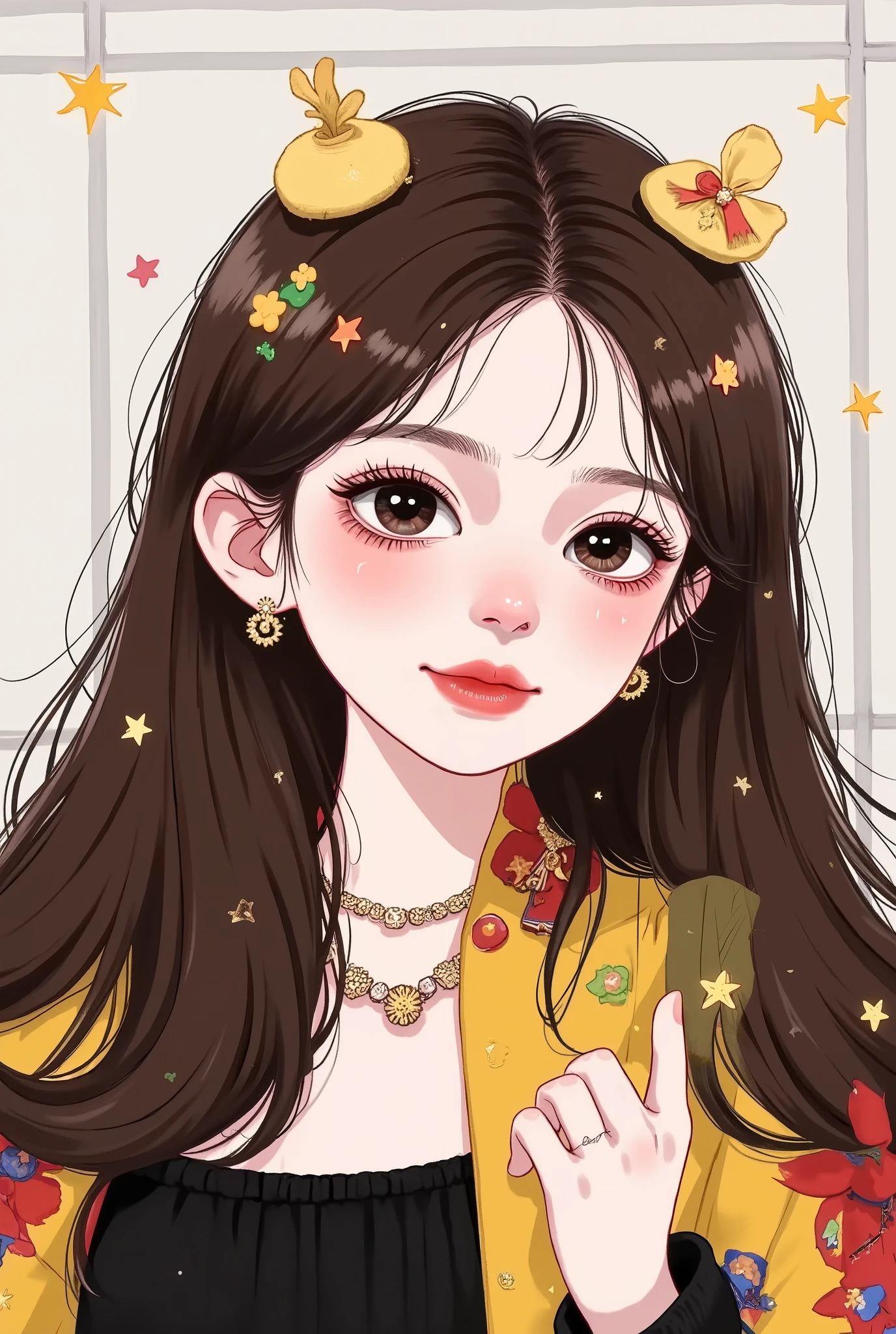 Girl, long straight brown hair, brown eyes, sharp features, white skin, light pink lips, perfect, Gucci clothes .