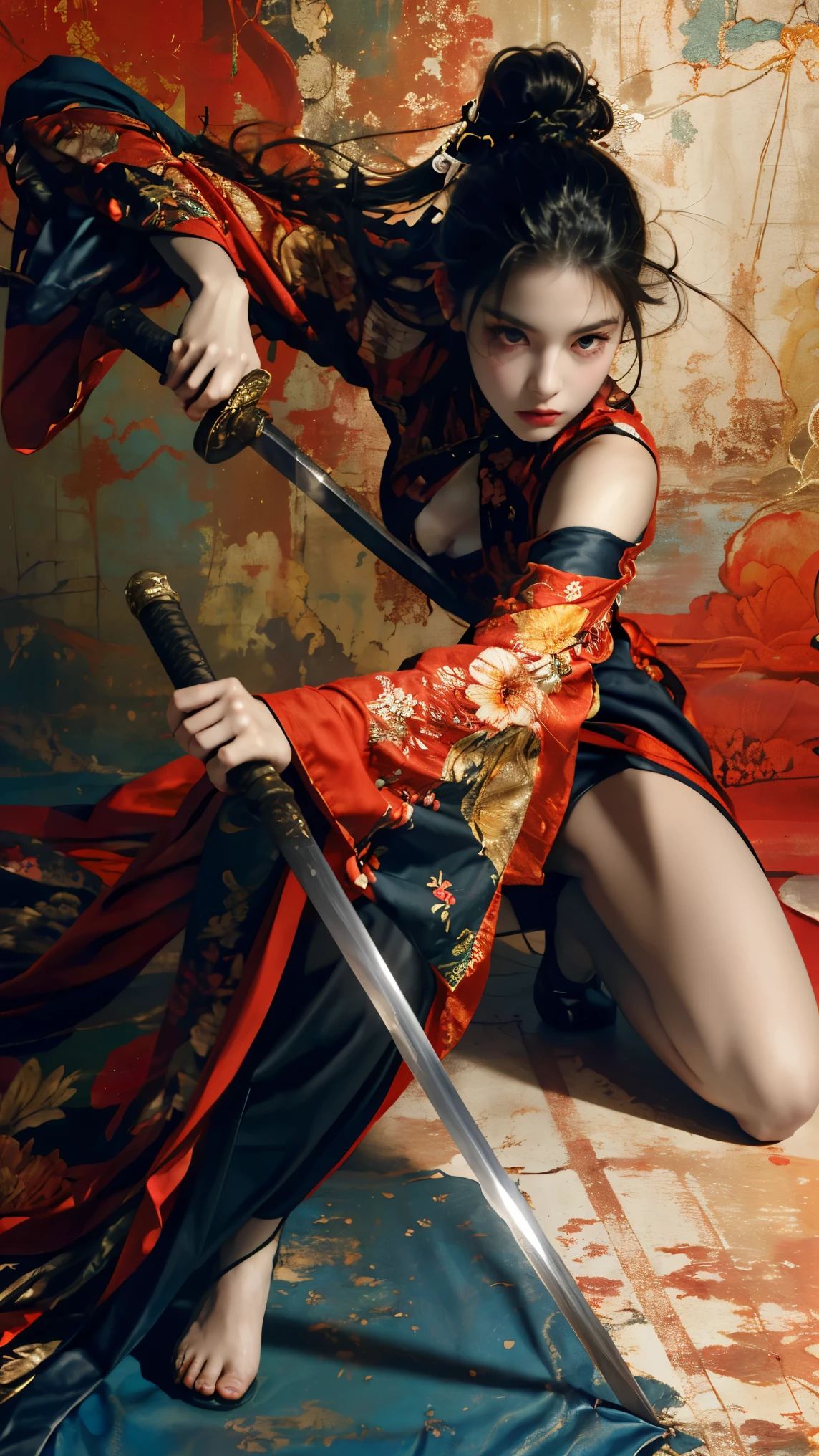 ultra high resolution,((masterpiece))),(((best quality))),((super detailed)),((extremely delicate and beautiful)),(wide shot, wide-angle lens,Panoramic:1.2),super vista,super wide Angle,Low Angle shooting,super wide lens,
xuer ai yazawa style girl,1girl,solo,holding weapon,katana,floral print,looking at viewer,fighting stance,
(disgust:1.3),(full body:1.4),