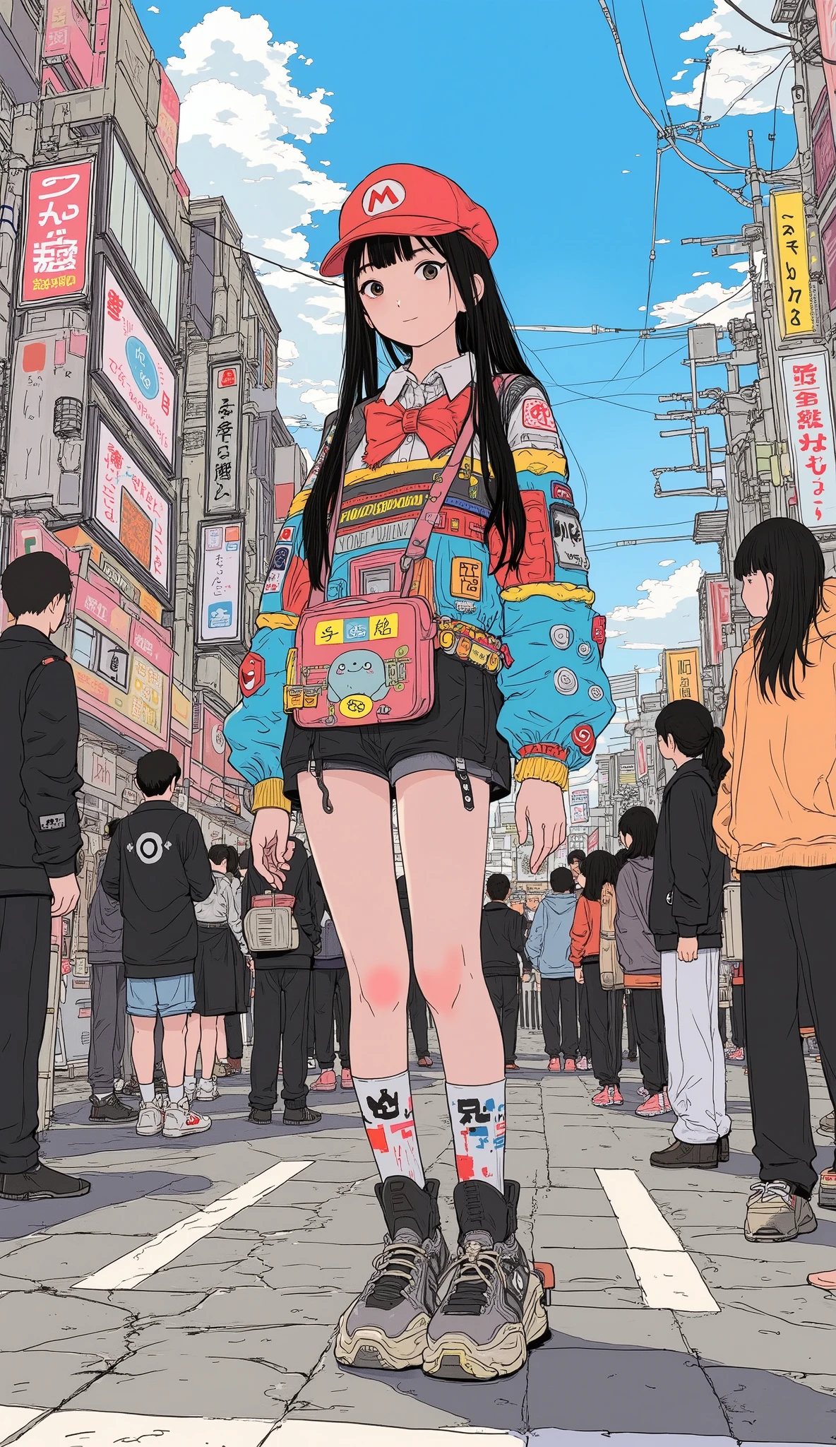 1 Japanese High School Girl \( long twin tail black hair , black eyes , street fashion , colorful red hat with an " m " \( Super Mario\), standing , Static Pose, viewers\), se m i-realistic , the m e park, Crowded, colorful, Japanese Anime Style、