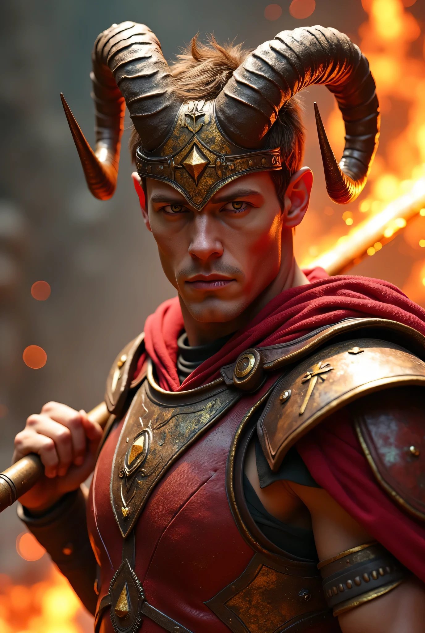 Arafed male in armor with horns and a sword in front of a fire - SeaArt AI
