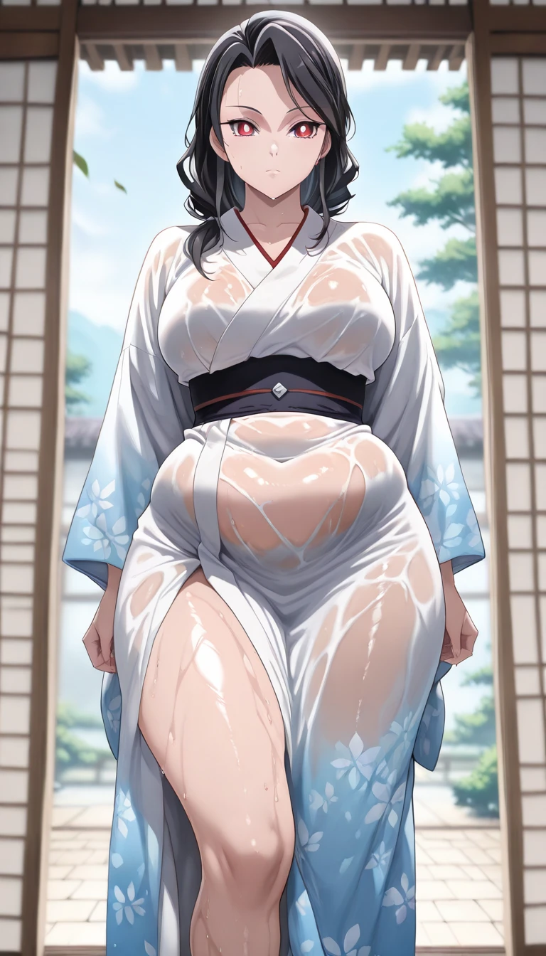Araffe woman in white kimono poses for photo, White Hair Color, Wearing Kimono,Chic, rendered in sfm, hyperrealistic full figure, oppai proportions, oppai, Makoto, SFW version, standing pose, Standing infront of Japanese House, Waiting for you face expression, hyper real render, makoto shinka, [ 4 k photorealism ]!!, [ 8 k photorealism ]!!!, Voluptuous body, curvy body, Naughty anime style, plus size model, Scruffy body,Erotic cartoon style body, Married woman's big ass, black beauty mark on chin, Eros of a married woman, Married woman style, Married woman atmosphere, high quality, photo-realistic, cinematic lighting, warm color tones, masterpiece
