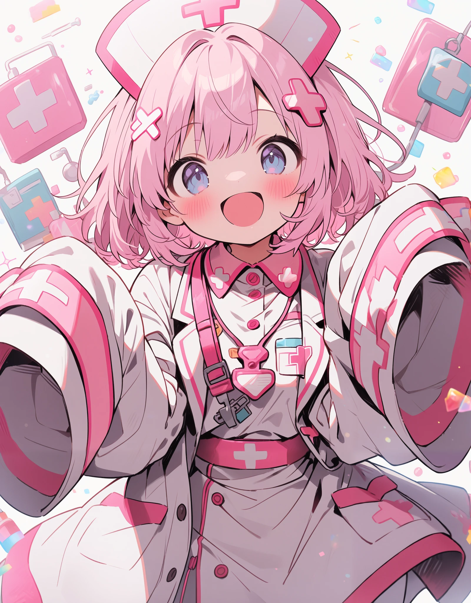 1girl, solo, open mouth, medium hair, smile, ((nurse outfit)), nurse costume, white legwear, sleeves past wrists, looking at viewer, sleeves past fingers, blush, long sleeves, :d, holding, pink hair, wide sleeves, upper body, very long sleeves, lab coat, white coat, masterpiece, best quality,