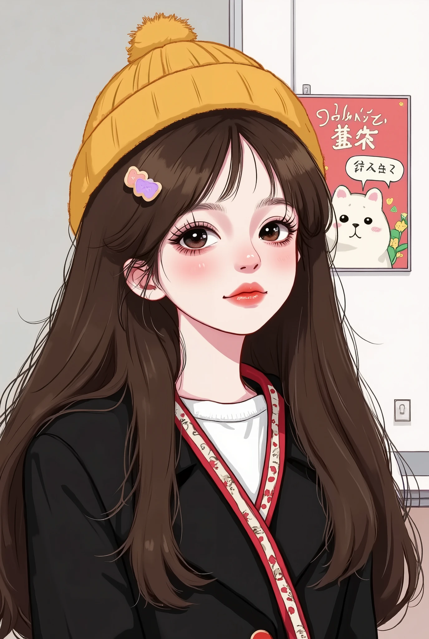 Girl, long straight brown hair, brown eyes, sharp features, white skin, light pink lips, perfect, Gucci clothes .