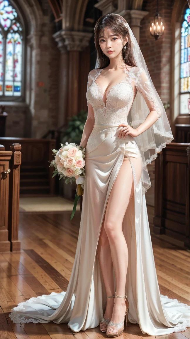 1girl, depth of field, solo, standing,
Canon RF85mm f/1.2,best quality,(beautiful long  slender legs), (a seductive and beautiful woman), (closeup face), shiny_white_skin,necklace,earrings,
1girl,solo,bridal veil,lace-trimmed dress,wedding dress,white dress,bride, best quality,masterpiece,highres,official art,,white palace, tiara,marvelous, gorgeous, noble,gothic architecture, Jewelry,