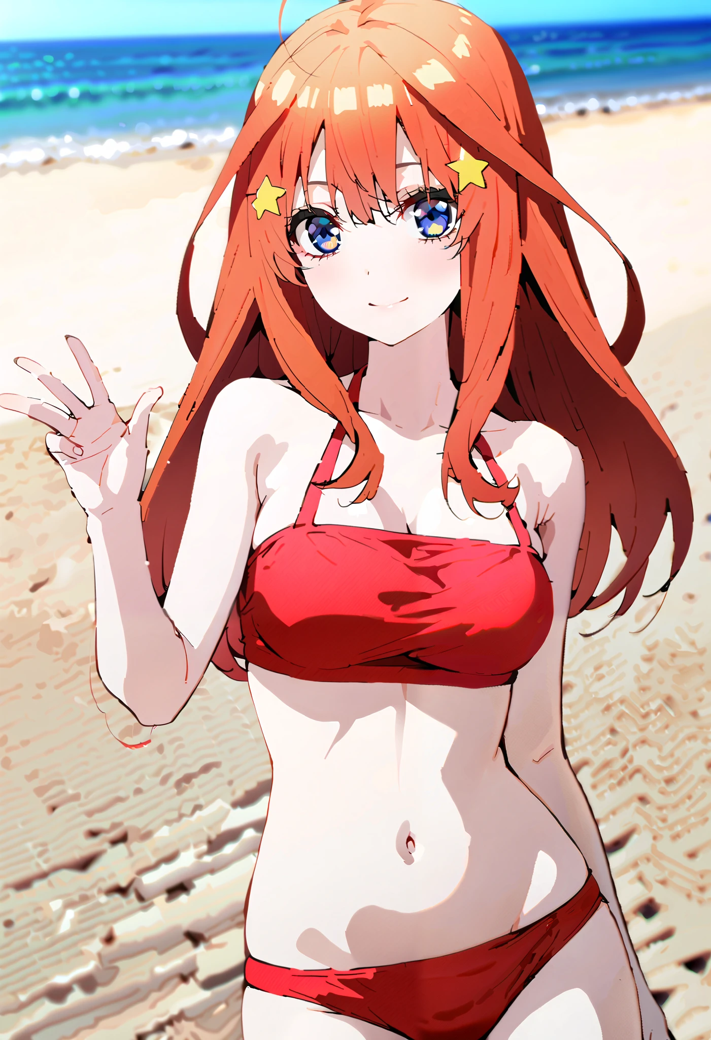 itsukinakano, itsuki nakano, bangs, blue eyes, hair between eyes, Ahoge, redhead, star \(symbol\), hair ornaments, star hair ornamentsにっこり, smile, open your mouth,big straw hat,red bikini,bare belly, (beach salon), big breasts,((salon)), beach outfit,real summer,Palm tree,
break outdoors, beach,
break looking at viewer, (cowboy shot:1.5),
break (masterpiece:1.2), highest quality, High resolution, unity 8k wallpaper, (shape:0.8), (fine and beautiful eyes:1.6), highly detailed face, perfect lighting, Very detailed CG, (perfect hands, perfect anatomy),