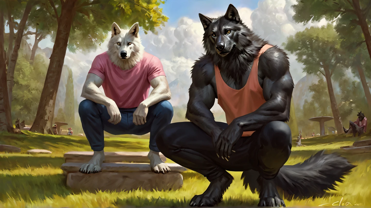 Furry muscular werewolf male wearing only pants, furry art, muscle werewolf, high resolution committee, full body committee, delicate eyes, pupil color is orange-gold, furry color black, furry anime, fluffy art council, furry fleurna, gorgeous werewolf flsona, furry, one-handed waist, furry art, expression fierce, tsundere, 1boy, a long furry wolf tail with fangs in the mouth, staring at the screen, sharp claws, two legs, standing on both feet, the human wolf, as a character in Iron Fist, Flsona art, background, forest path