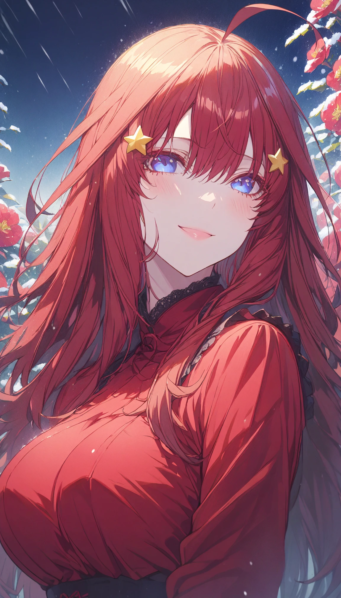 masterpiece, Best Quality, 1 girl, Nakano Itsuki, alone, blue eyes, Red Hair, Long Hair, Star (symbol), , yellow Star hair ornament, Ahoge, hair ornament, large , mature female, watching viewers , bangs, hair between eyes , Ahoge, smile,
blush, shy,
red dress,
red camellia flowers, surrounded by many flowers, snowing, fantastic background, fantastic light,
dramatic angle, Upper body, close up look at her,
