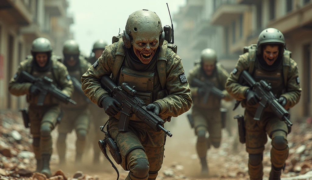 It shows both zombies pouncing and soldiers in a desperate melee defense {x} Creates a hyperrealistic image of a dramatic and chaotic scene centered on a melee attack between soldiers and a future horde of zombies Encore.
center stage :
showing fast and violent movements as they try to take down the soldiers . The tense expressions of the soldiers and the grotesque details of the zombies .
Description of zombies :
appearance física: Greenish white skin , veiled eyes without iris , broken and sharp teeth , amplifying combat tension .
Clothes: Description of zombies , dirty, broken and stained , An urban landscape devastated by war .
attitude: Rabid and angry , Each soldier faces four zombies that pounce violently and quickly .
Dressed in gray rags :
number: adding a sense of urgency and imminent danger .
outfit: Futuristic digital camouflage suits from the year 3050 , One of the soldiers stands out for a scar on the left eyebrow .
Protection: Three wear technological helmets with integrated cameras and smart lenses ; Description of soldiers .
appearance: athletic bodies, tanned skin, hands with long, pointed nails . A dynamic shot that captures the attack from a central angle .
armament: others use shemags to cover themselves , Very high resolution detailing every aspect of the chaos .
Around:
The textures of uniforms and weapons , full of debris , dust and chaos , Professional lighting that highlights .
Lighting:
Lighting profesional que resalta:
faces marked with military camouflage .
some with advanced exoskeletons that increase mobility and resistance .
perspective:
used while trying to contain the melee attack . A fierce ambush where a horde of rabid zombies attack simultaneously from both sides , the expressions of fear and courage of soldiers .
expression :
Between five and seven men and women aged 35 to 45 : reflecting its degraded and mistreated state