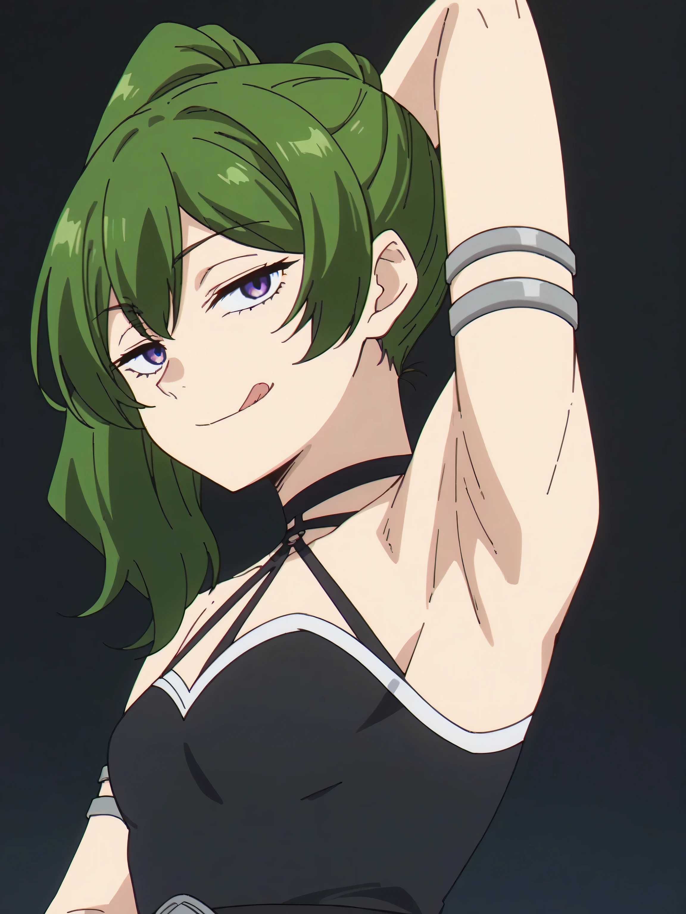 score_9, score_8_up, score_7_up, source_anime, anime screencap, 1girl, solo, UbelSSnF, green hair, side ponytail, purple eyes, black dress, halterneck, sleeveless, short dress, armlet, arm strap, badhandv4, arm behind head, armpit, black background, closed mouth, looking at viewer, smile, smug, licking lips