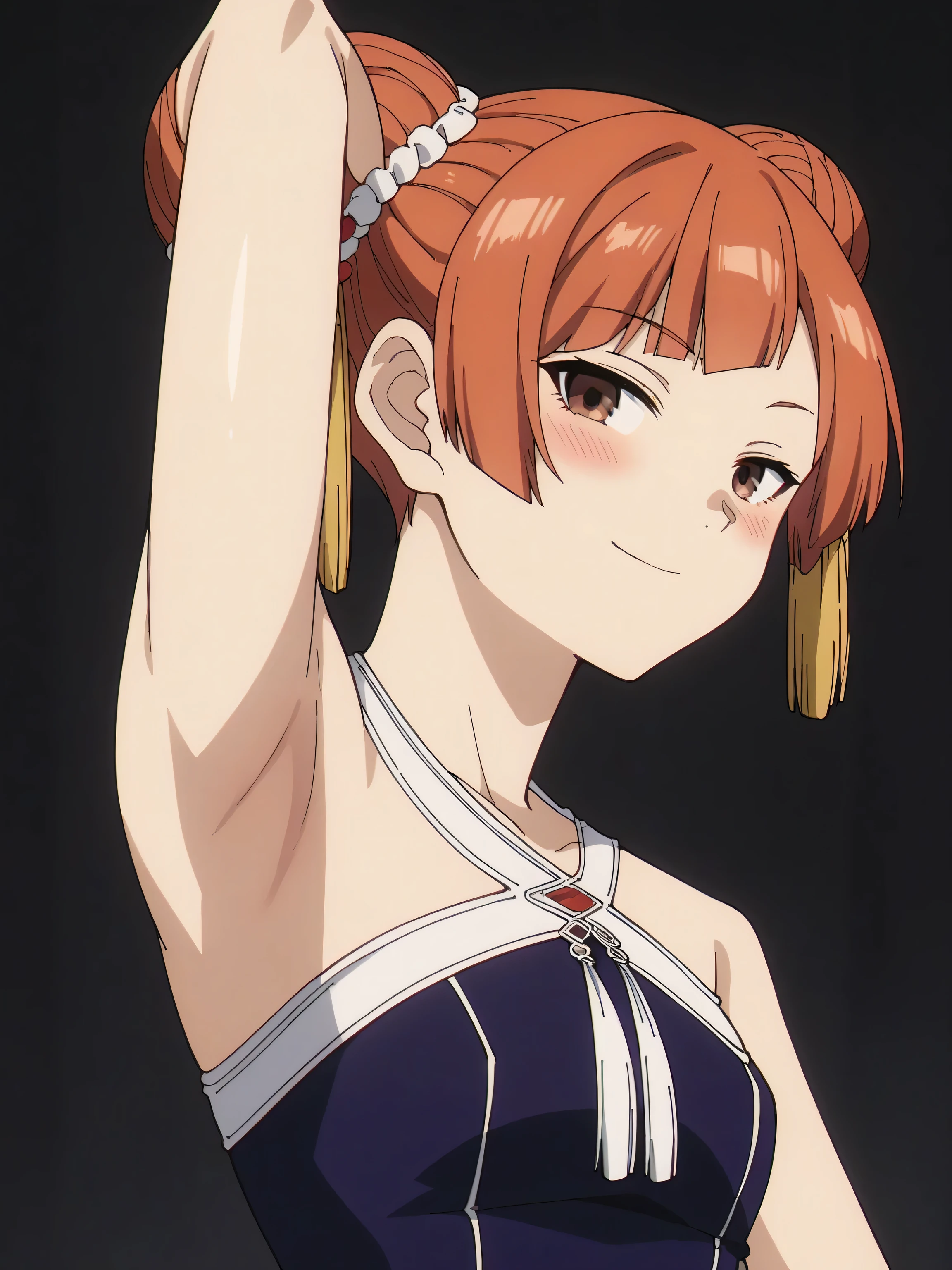 score_9, score_8_up, score_7_up, source_anime, anime screencap, 1girl, solo, LaufenSSnF, orange hair, short hair, hair bun, brown eyes, tassel, china dress, purple dress, sleeveless, halterneck, badhandv4, arm behind head, armpit, black background, closed mouth, looking at viewer, smile, blush, half-closed eyes 