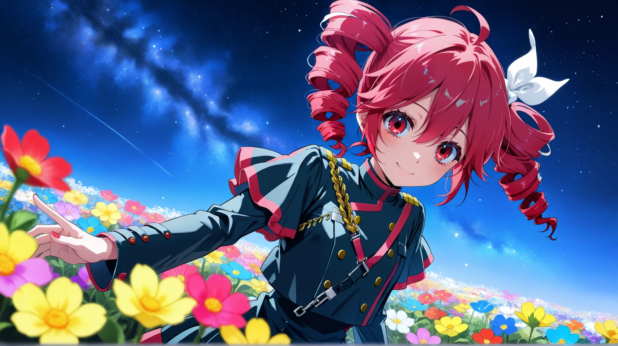 Kasane Teto, twin tails,red eyes,Beautiful starry sky Many colorful flowers Smile