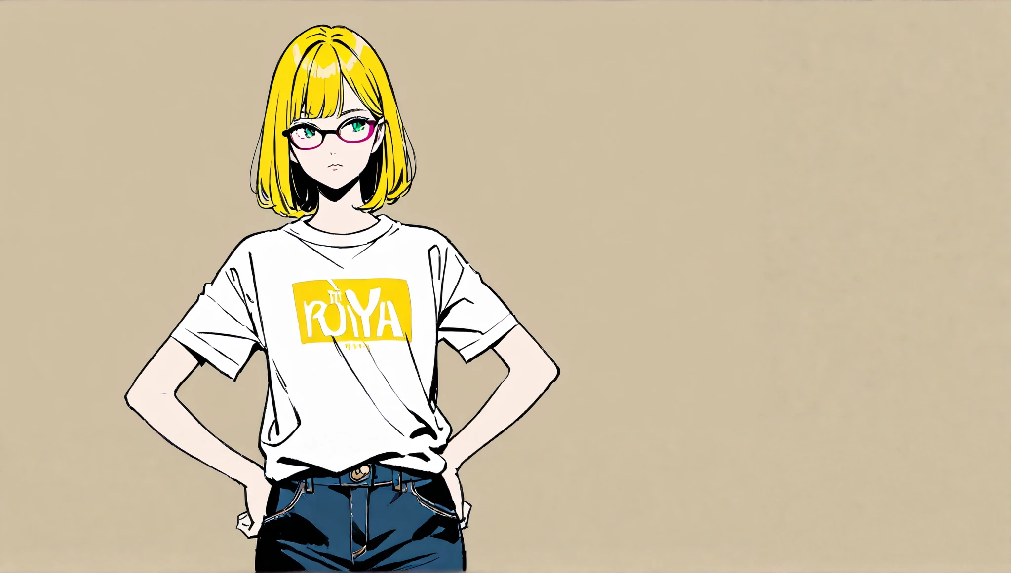 (( place your hands on your hips)),(Pop Color)),Glasses、masterpiece, ((( the royal family)),((( expressionless )))、Highest quality, Beautiful attention to detail, Very detailed, In detail, High resolution, Perfect Anatomy, , , girl, (one person:1.5), alone, (Long bangs),黒縁Glasses、 ( white shirt ), (( Simple Solid Color Background))), Background, (City Pop anime), Kyoto Animation, ,anime, Front view、