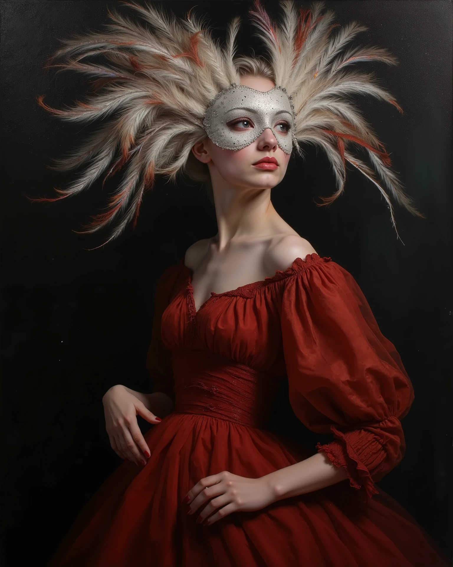 A hyperrealistic oil painting of a woman, aged late 20s to early 30s, with a porcelain-like complexion and elegant features, wearing a striking white mask adorned with intricate feather details. The mask is partially broken, revealing a glimpse of her piercing, melancholic eyes and soft, muted lips. Her pose is dynamic yet graceful, standing with one arm slightly extended, fingers delicately curled as if caught in a moment of contemplation. Her body is draped in a flowing, ethereal gown of deep crimson, blending seamlessly with the dark, shadowy background. The feathers on her head cascade downward, shimmering with iridescent hues of silver and gold, contrasting with the muted tones of her surroundings. The environment is a surreal, dreamlike space filled with soft, diffused light that highlights the textures of her gown and the intricate cracks in the mask. The atmosphere is hauntingly beautiful, evoking a sense of mystery and melancholy. Inspired by the styles of Karol Bak, Mathieu Le Nain, and Roberto Ferri, the painting features meticulous attention to detail, from the hyperrealistic rendering of her skin to the delicate interplay of light and shadow. The composition is tight, focusing on her upper body, with a shallow depth of field that blurs the background, enhancing the dramatic tension.