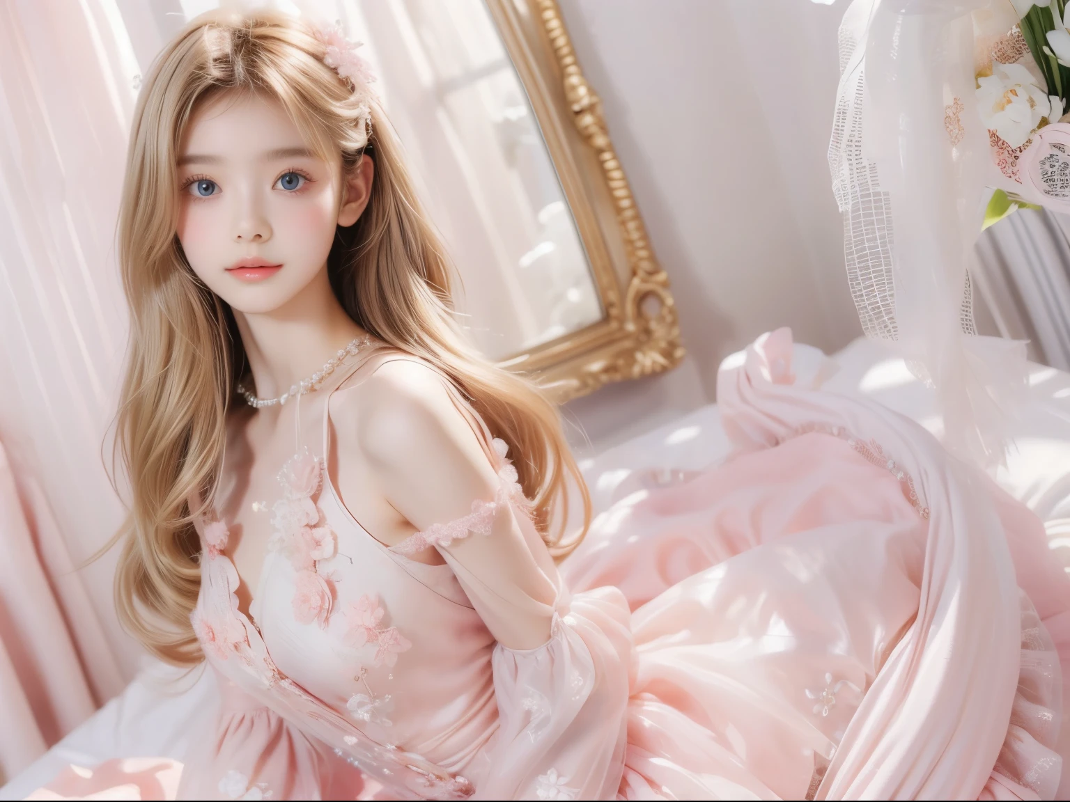 ((tmasterpiece)),high high quality,ultra - detailed,coiffed blonde hair+light pink clothing:1.2,sweet and delicate girl,bjd,ta ,exquisite facial features,perfect body figure,face adorned with pearls,There are bubbles around,The colors are bright and bright,Romantic long hair,natural soft light,warm and sweet,with brown eye,Gorgeous hair decoration,Pink Costume