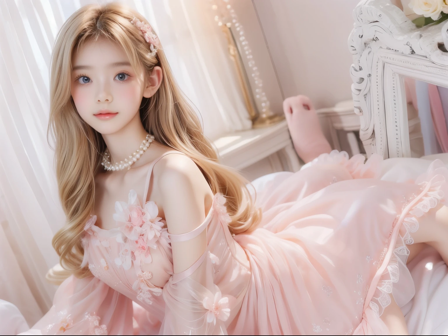 ((tmasterpiece)),high high quality,ultra - detailed,coiffed blonde hair+light pink clothing:1.2,sweet and delicate girl,bjd,ta ,exquisite facial features,perfect body figure,face adorned with pearls,There are bubbles around,The colors are bright and bright,Romantic long hair,natural soft light,warm and sweet,with brown eye,Gorgeous hair decoration,Pink Costume