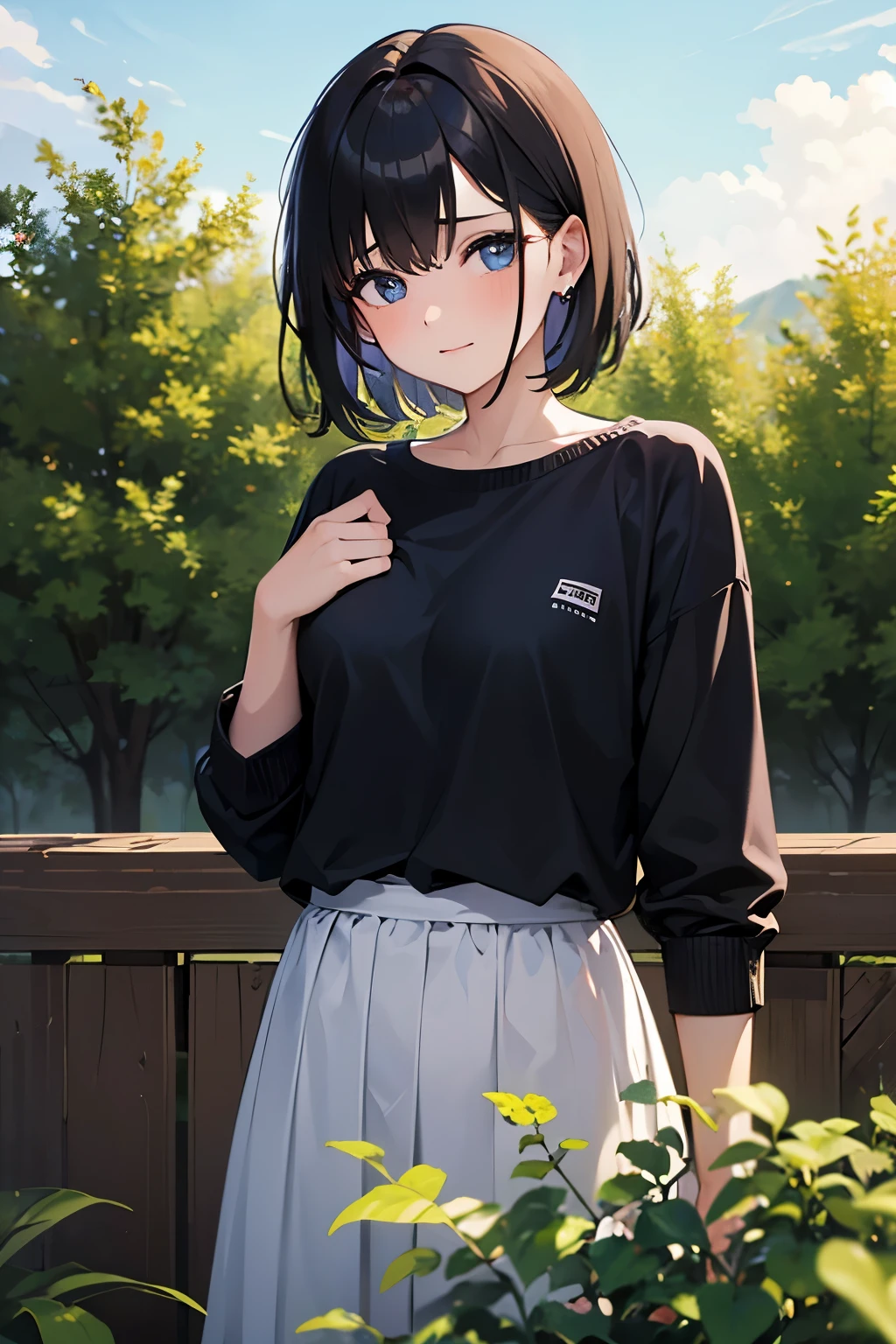 a professional photo of beautiful girl、One Girl、Ultra-high resolution、Highest quality、RAW Photos、from the front、Highest qualityのリアルな写真、Warm sunshine、Random pose、Random Angle、Chubby、Beautiful Japanese Girl、Short Hair、Clear, natural eyes、Plump face、Tare Eye、Lowered eyebrows、profile、Masterpiece、whole body、Are standing、Fine skin、Box pleated mini skirt、Oversized sweater、（Casual long sleeve cozy loose sweater）、（Black boots）、((garden))、Outdoor、Winter Sky、（Looking into the distance）、(white_background:1.1)、All、